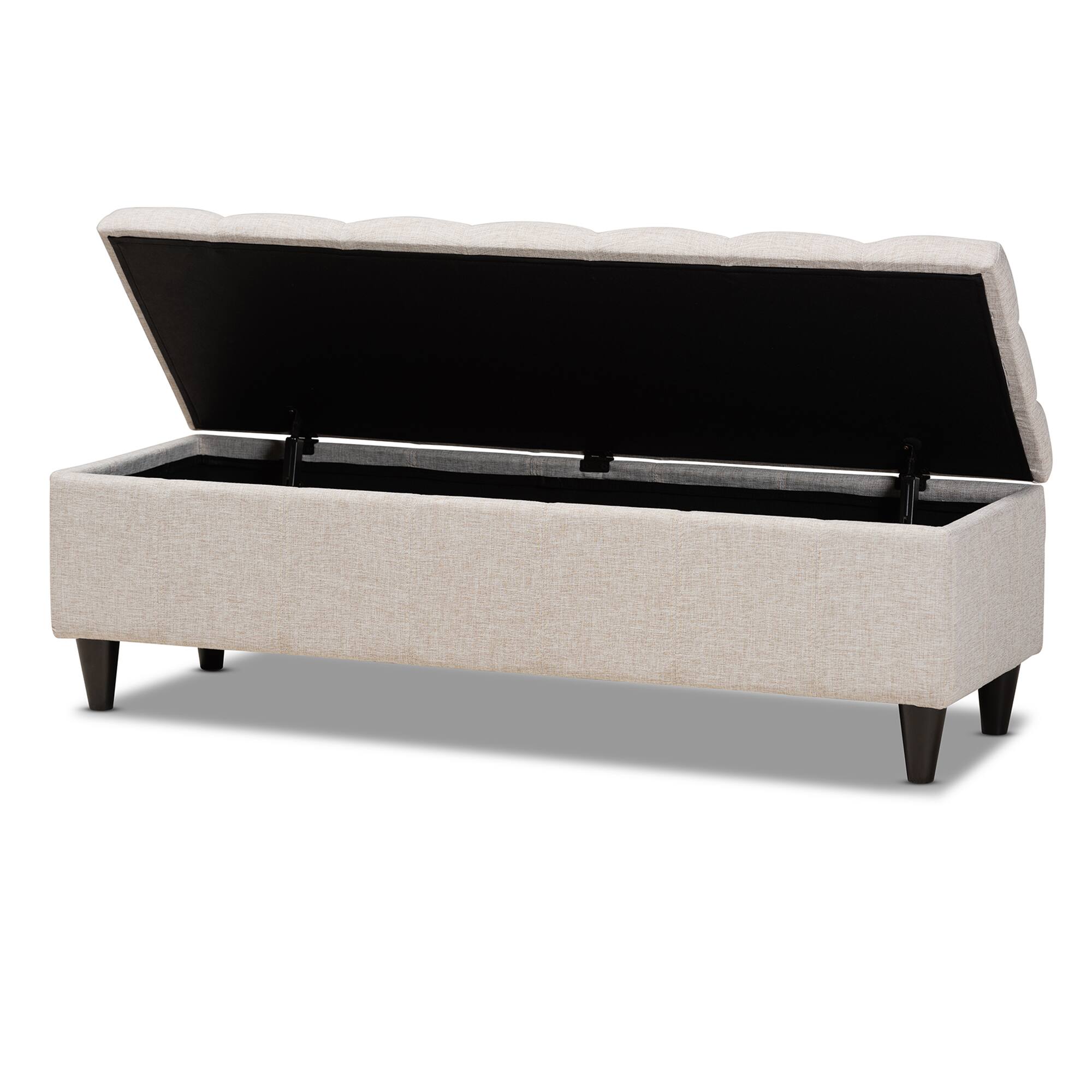 Angle. Baxton Studio - Brette Mid-Century Modern Fabric Upholstered Finished Wood Storage Bench Ottoman - Beige/Dark Brown.