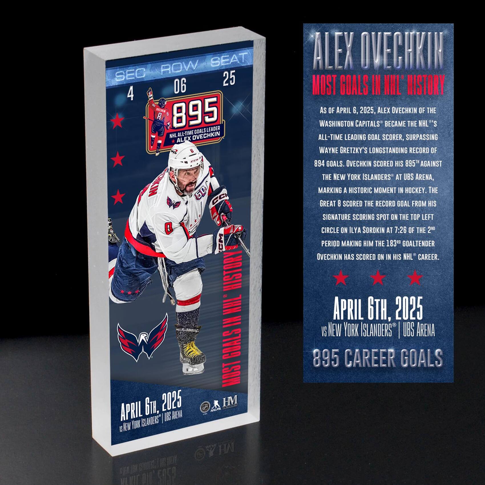 Alexander Ovechkin Washington Capitals NHL All-Time Leading Goal Scorer 2.5'' x 6'' 3D Ticket Acrylic Block
