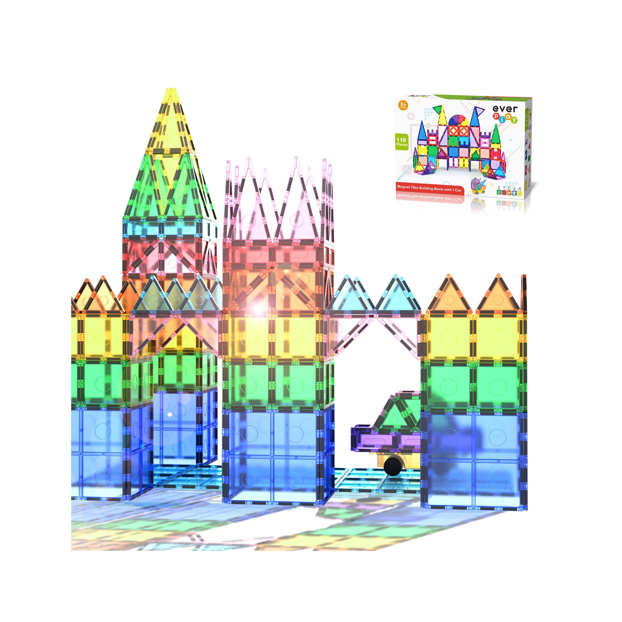 Everplay - Magnetic Tiles For Kids, 110PCS Construction STEM Building Blocks Educational Toy - Multicolor