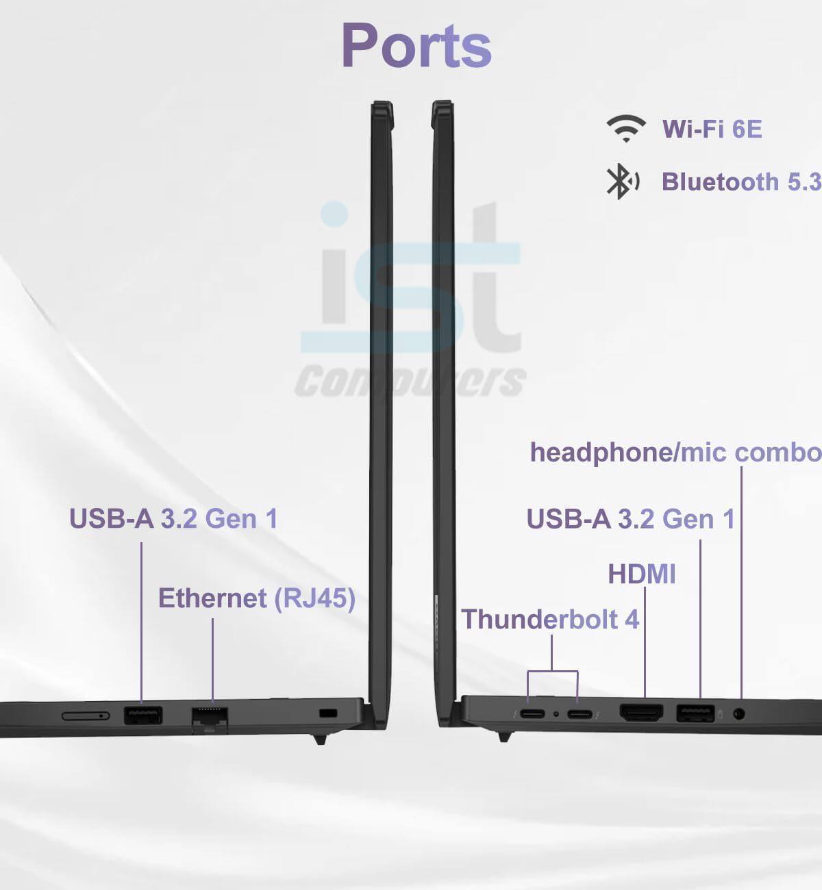 Ports  
Wi-Fi 6E  
Bluetooth 5.3  
USB-A 3.2 Gen 1  
USB-A 3.2 Gen 1  
Ethernet (RJ45)  
HDMI  
Thunderbolt 4