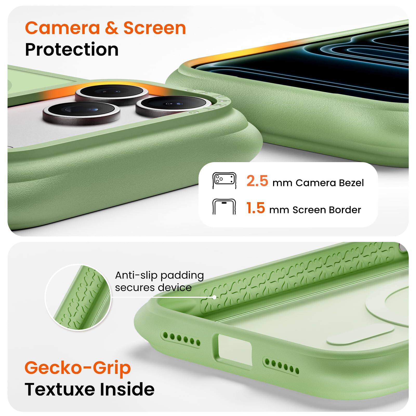 Camera & Screen Protection  
2.5 mm Camera Bezel  
1.5 mm Screen Border  
Anti-slip padding secures device  
Gecko-Grip Textuxe Inside