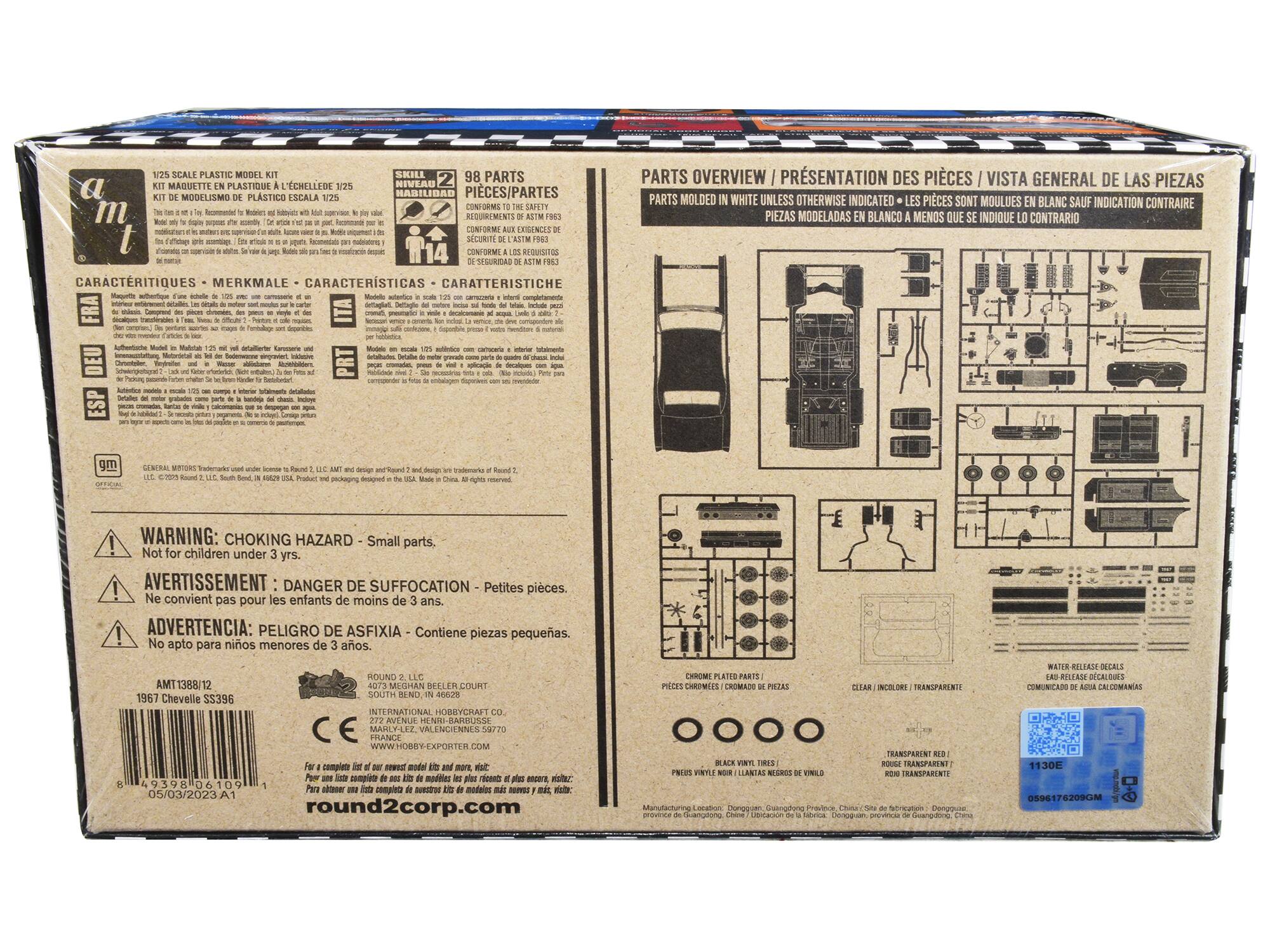 Sure, here is the corrected and grouped text from the image:

---

**1/25 SCALE PLASTIC MODEL KIT**

**KIT MAQUETTE EN PLASTIQUE À L'ÉCHELLE 1/25**

**KIT MODELISMO PLÁSTICO A LA ESCALA 1/25**

**KIT MODELISMO PLÁSTICO A LA ESCALA 1/25**

**98 PARTS**

**PIÈCES/PARTES**

**CONFORMES AUX EXIGENCES FBS**

**CONFORME AUX EXIGENCES FBS**

**CONFORME A LOS REQUISITOS DE SEGURIDAD ASTM F963**

**CONFORME A LOS REQUISITOS DE SEGURIDAD ASTM F963**

**CONFORME A LOS REQUISITOS DE SEGURIDAD ASTM F963**

**PARTS OVERVIEW / PRÉSENTATION DES PIÈCES / VISTA GENERAL DE LAS PIEZAS**

**PARTS OVERVIEW / PRÉSENTATION DES PIÈCES / VISTA GENERAL DE LAS PIEZAS**

**PARTS MOLDED IN WHITE UNLESS OTHERWISE INDICATED**

**LES PIÈCES S