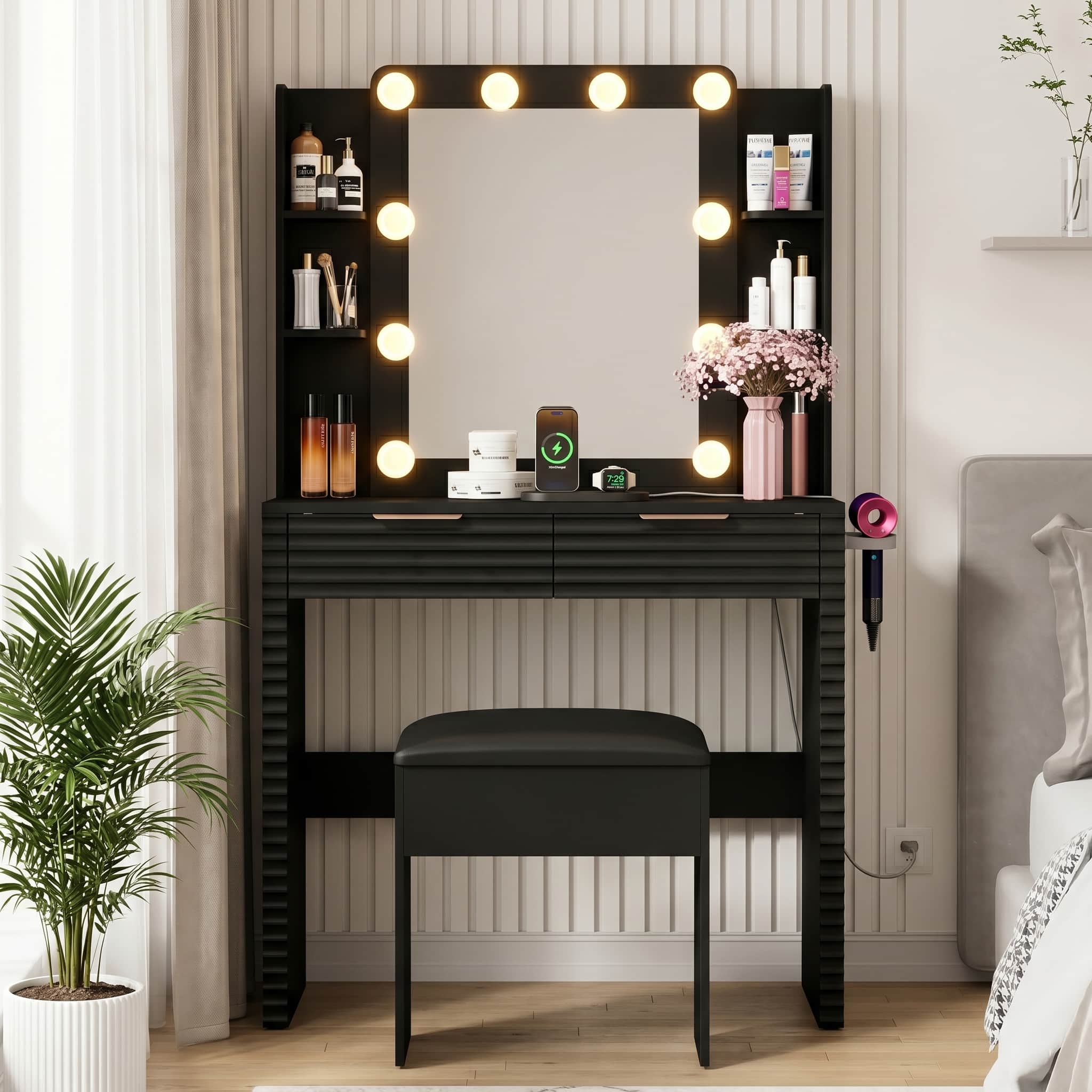 Front. Whisen - Dresser Makeup Vanity Table with 10 Hollywood Bulbs,Charging Station,Storage Stool,2 Drawers and 4 Open Shelves - Black.
