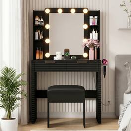Whisen - Dresser Makeup Vanity Table with 10 Hollywood Bulbs,Charging Station,Storage Stool,2 Drawers and 4 Open Shelves - Black