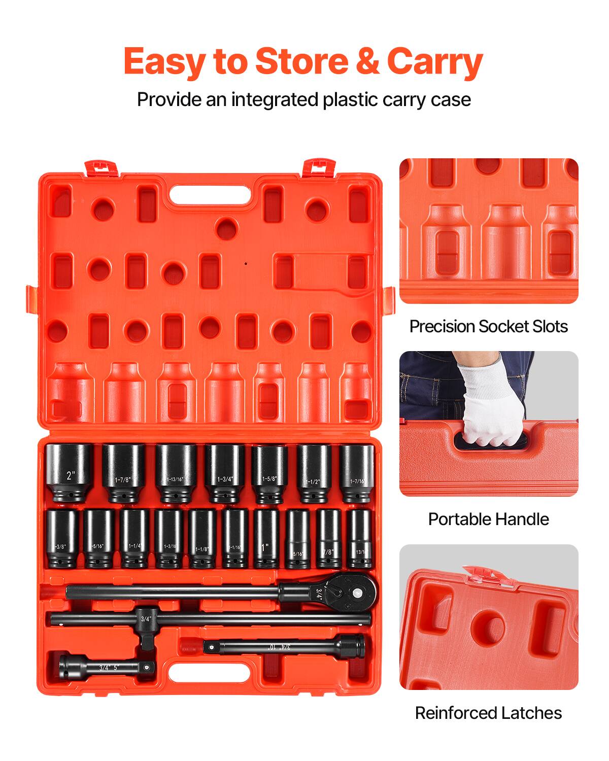 Easy to Store & Carry  
Provide an integrated plastic carry case  

Precision Socket Slots  
Portable Handle  
Reinforced Latches