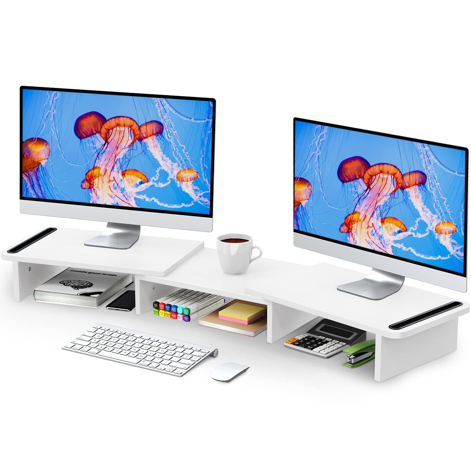 Front. Cedar Assembly - Dual Monitor Stand Riser With Adjustable Length And Angle Wood For Desk 2 Monitors Storage Space - White.