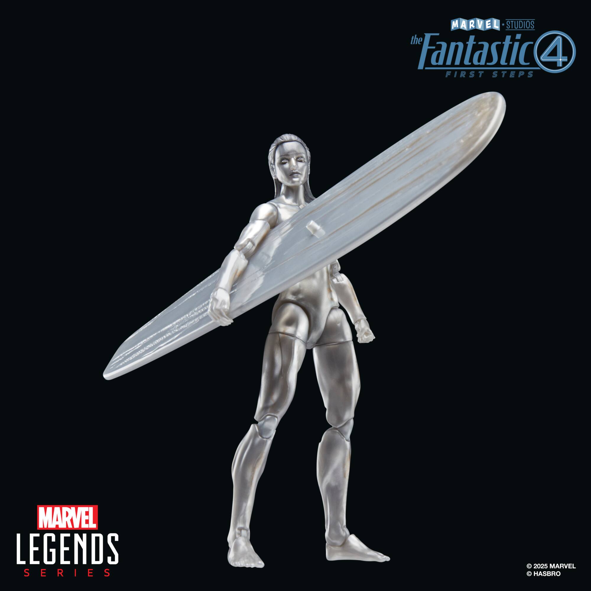 "The Fantastic 4 First Steps" is a Marvel Legends Series action figure set. It features a silver robot figure holding a surfboard, which is a part of the Marvel Legends Series. The set is produced by Hasbro.