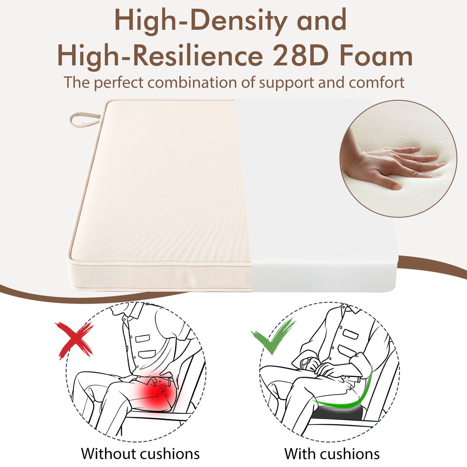 High-Density and High-Resilience 28D Foam  
The perfect combination of support and comfort

Without cushions  
With cushions