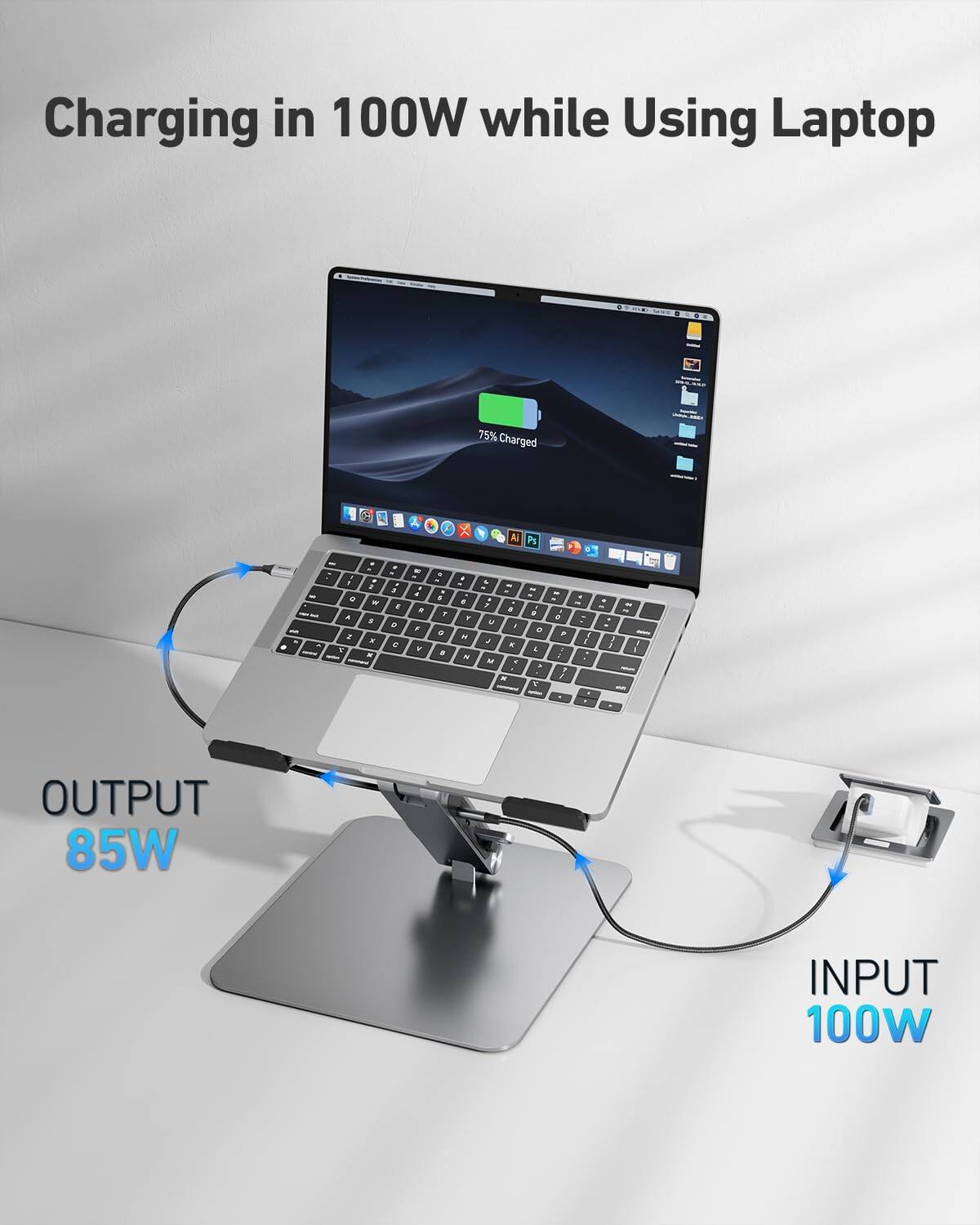 Charging in 100W while Using Laptop  
75% Charged  

OUTPUT 85W  
INPUT 100W