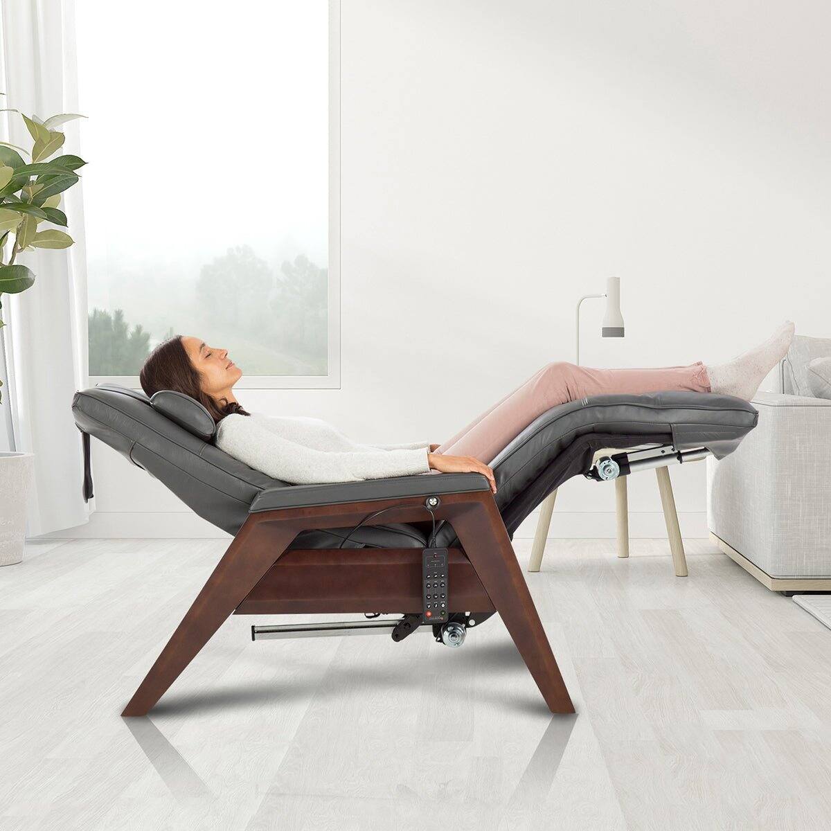 Left. Human Touch - Human Touch Gravis ZG Leather Zero Gravity Recliner with Air Massage, Multi-Zone Heat, Power Headrest & App Control - Beech Frame / Gray Leather.
