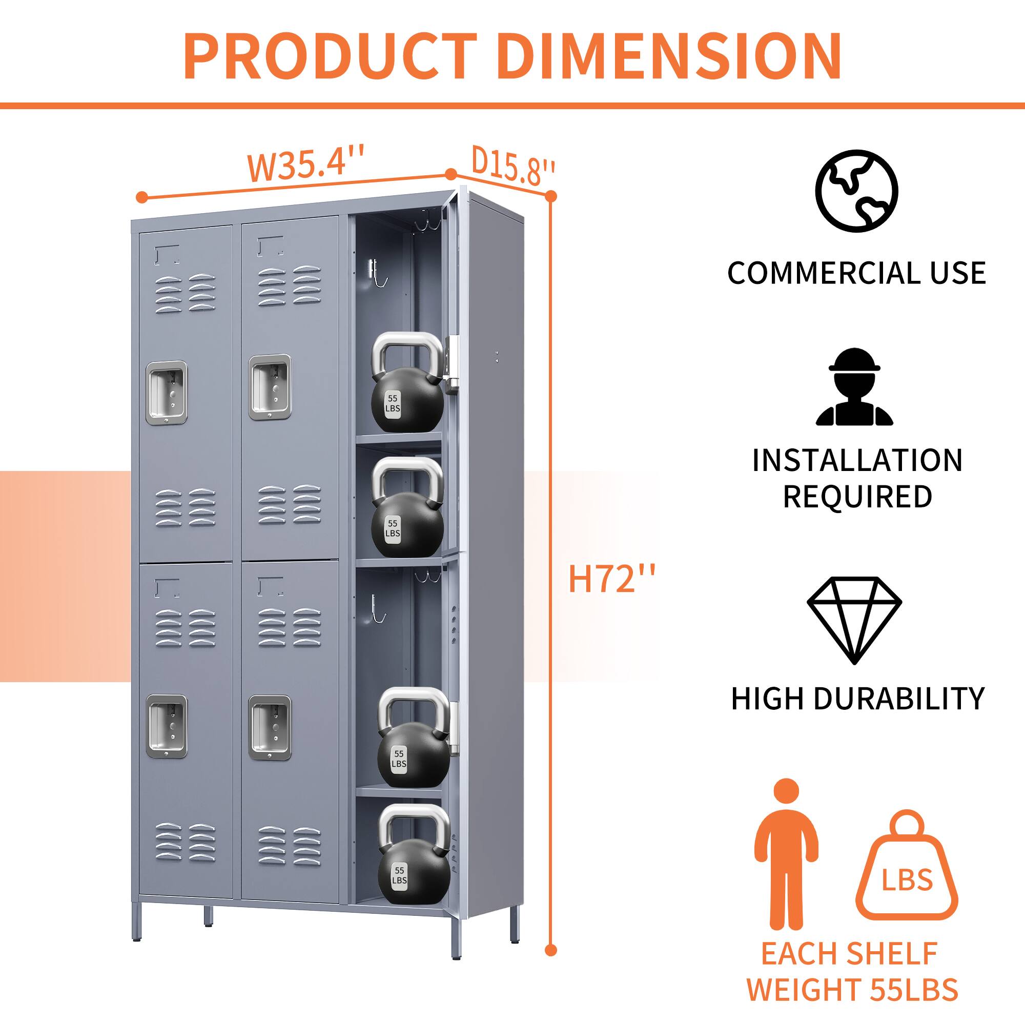 PRODUCT DIMENSION  
W35.4" D15.8" H72"  

COMMERCIAL USE  
INSTALLATION REQUIRED  
HIGH DURABILITY  
EACH SHELF WEIGHT 55LBS