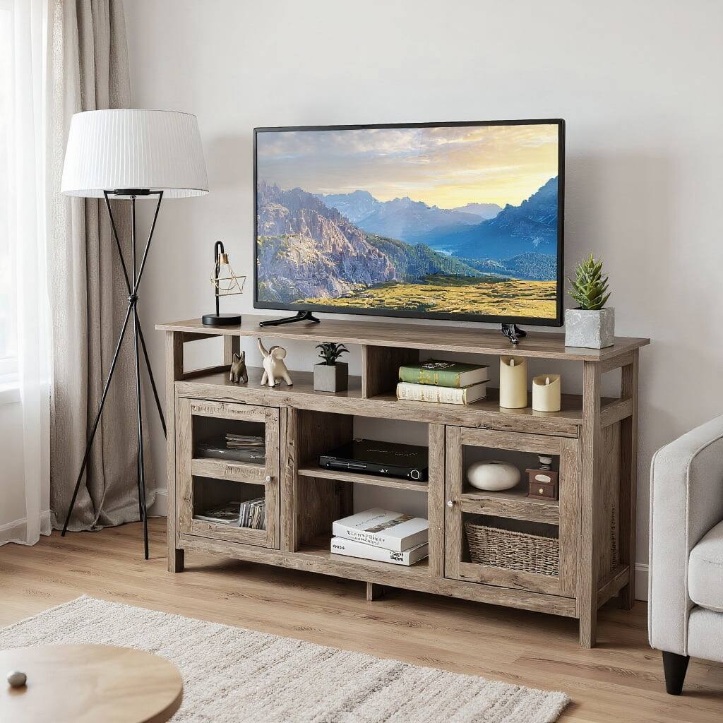 Kadyn - Entertainment Centers,TV Stands,58 Inch TV Stand Entertainment Console Center with 2 Cabinets-Natural - Brown