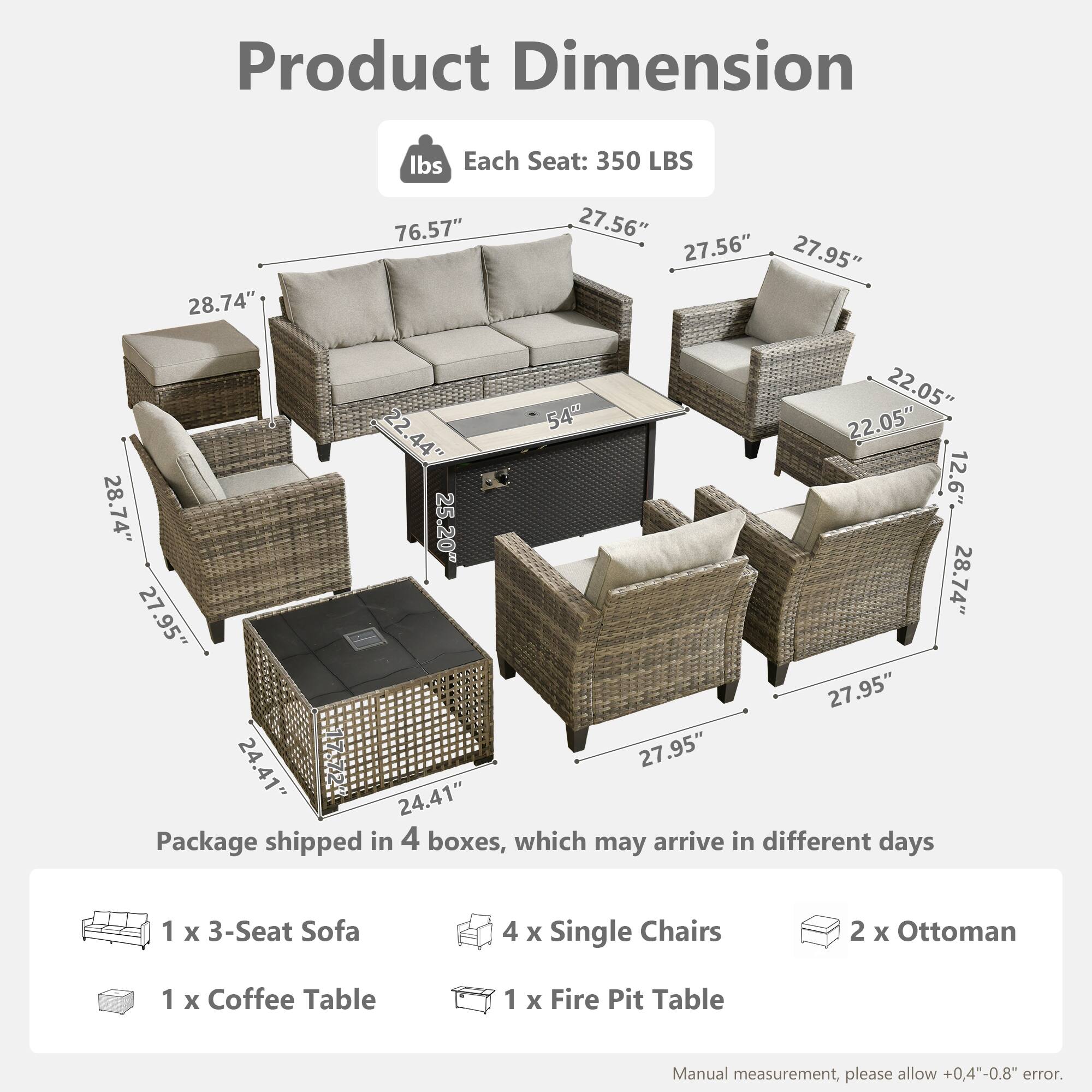 Product Dimension

Each Seat: 350 LBS

- 76.57"
- 28.74"
- 27.56"
- 27.56"
- 27.95"
- 22.05"
- 22.54"
- 22.05"
- 22.44"
- 44"
- 12.6"
- 28.74"
- 25.20"
- 27.95"
- 28.74"
- 27.95"
- 24.41"
- 27.95"
- 24.41"

Package shipped in 4 boxes, which may arrive in different days

- 1 x 3-Seat Sofa
- 4 x Single Chairs
- 2 x Ottoman
- 1 x Coffee Table
- 1 x Fire Pit Table

Manual measurement, please allow +0.4"-0.8" error.