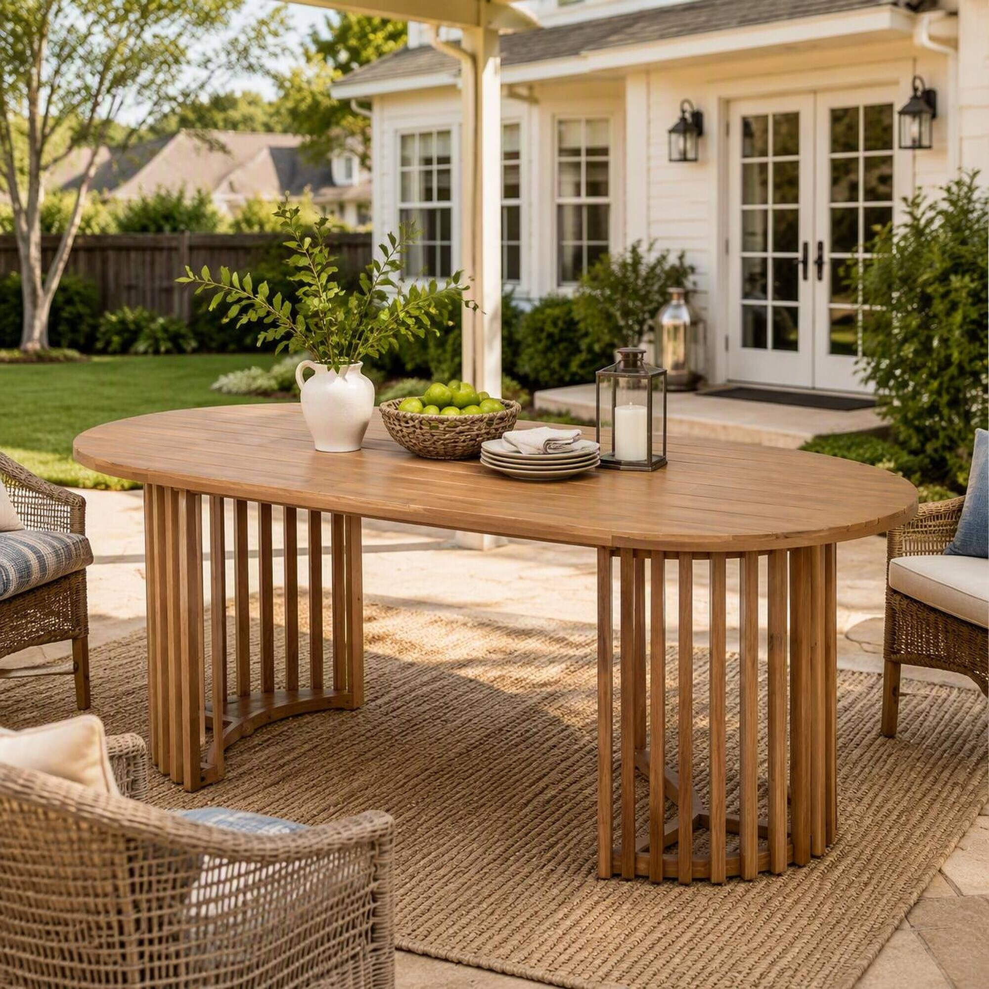 Back. RYHNUYNE - Outdoor Dining Table,Light Teak Oval Patio Table with Slatted Legs,Large Garden Table for 6-8 People - Light Teak.