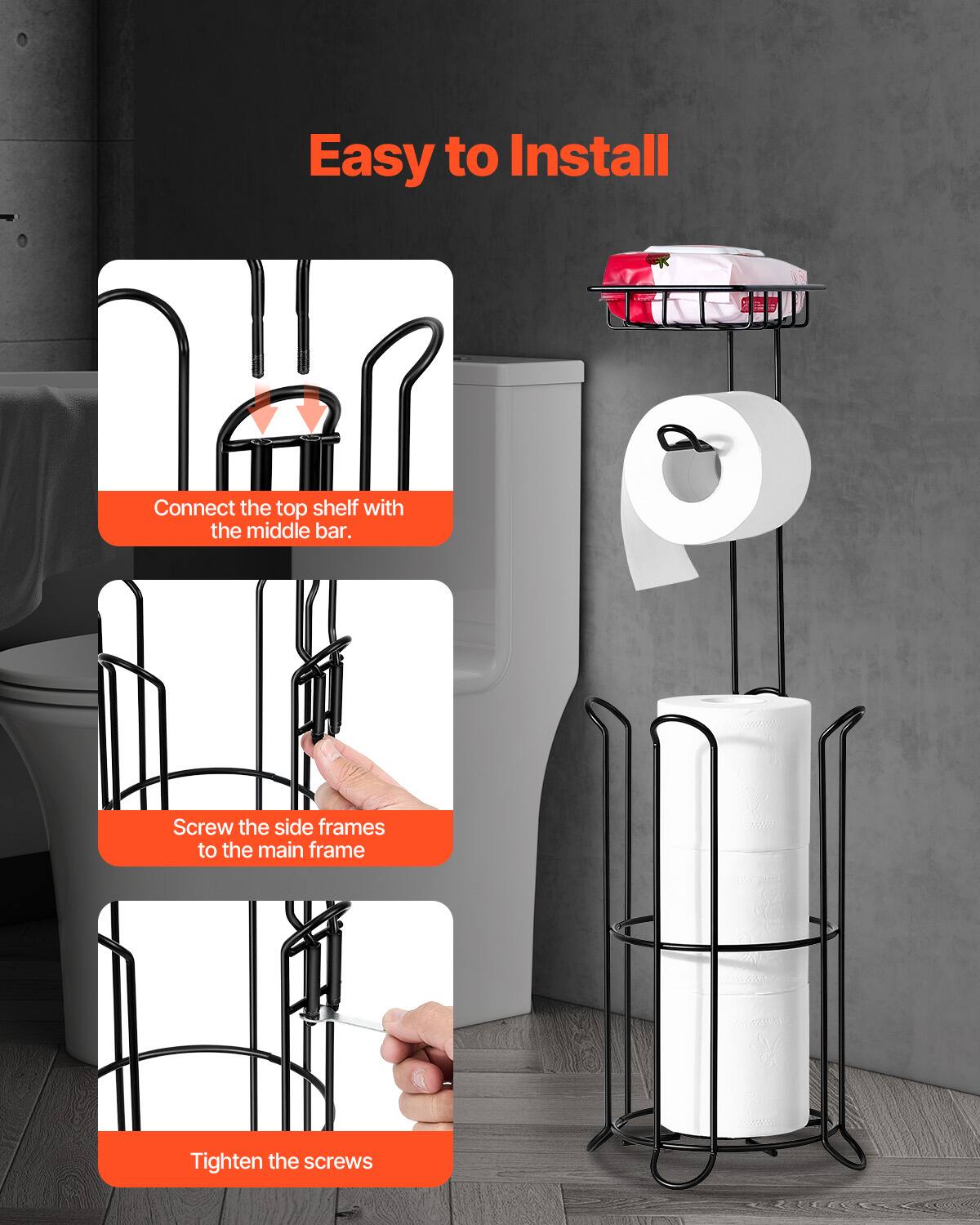 Easy to Install

1. Connect the top shelf with the middle bar.
2. Screw the side frames to the main frame.
3. Tighten the screws.
