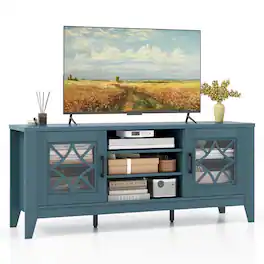 Costway - TV Stand for TVs up to 65" with 3-Position Adjustable Shelves Tempered Glass Doors - Green