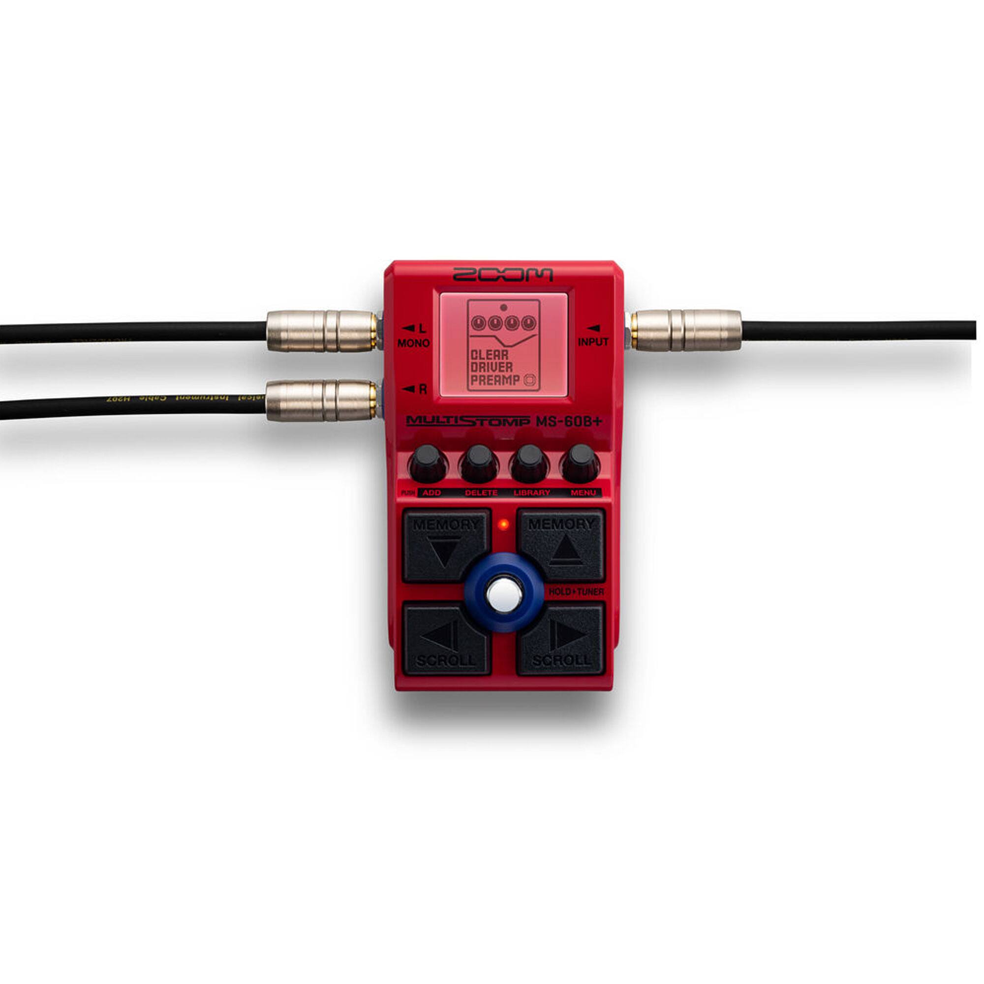 Sure, here is the corrected and grouped text from the image:

**Top Section:**
- ZOOM
- MS-60B+

**Input Section:**
- INPUT

**Output Section:**
- L MONO
- R

**Central Section:**
- CLEAR
- DRIVER
- PREAMP
- INPUT
- MULTISTOMP

**Buttons:**
- ADD
- DELETE
- LIBRARY
- MEMORY
- MEMORY HOLD
- OLD+TUNER

**Scroll Section:**
- SCROLL
- SCROLL

**Bottom Section:**
- MEMORY
- HOLD+TUNER