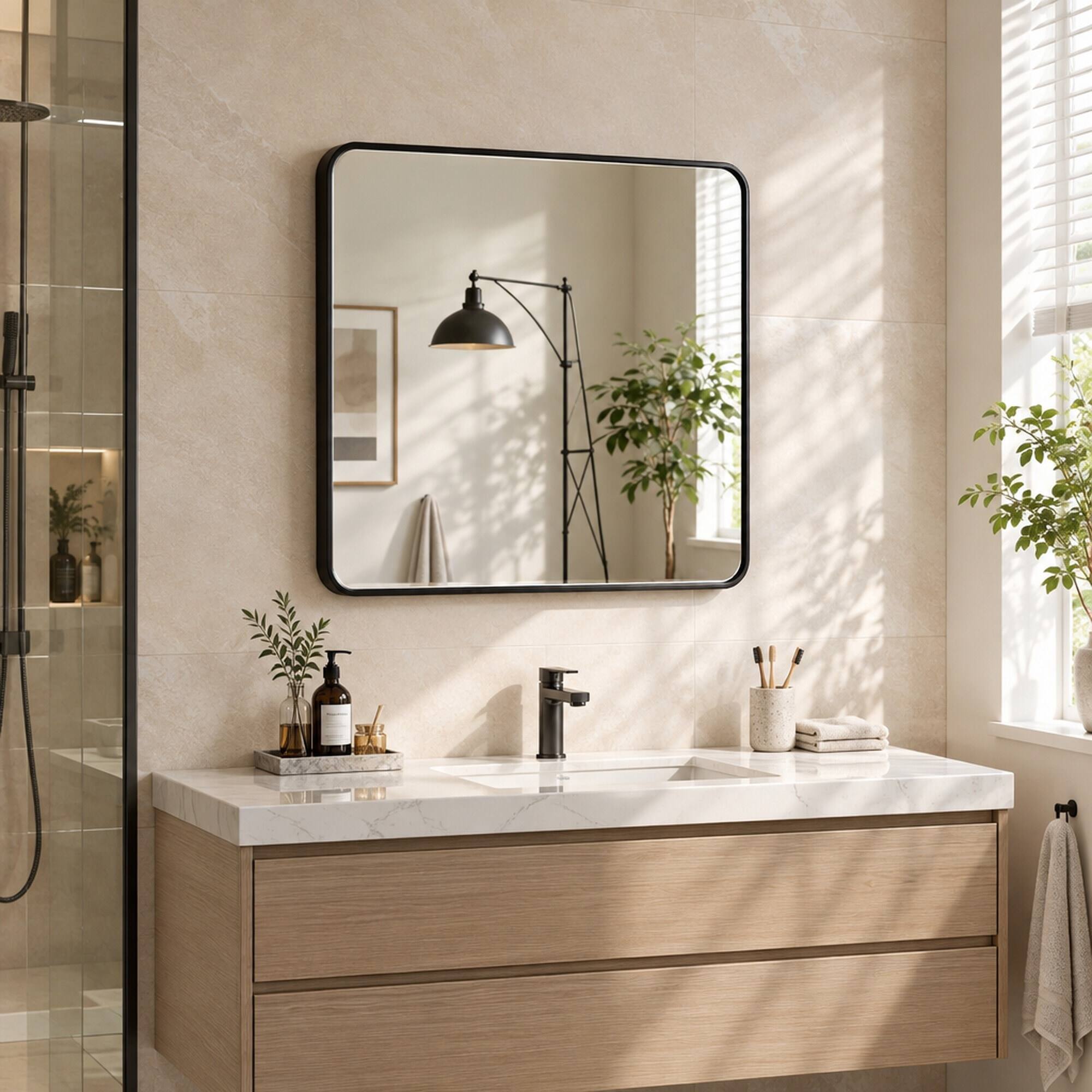 Angle. RYHNUYNE - 30 in x 30 in Square Bathroom Mirror, HD Glass, Brushed Aluminum Frame, Wall Mounted.