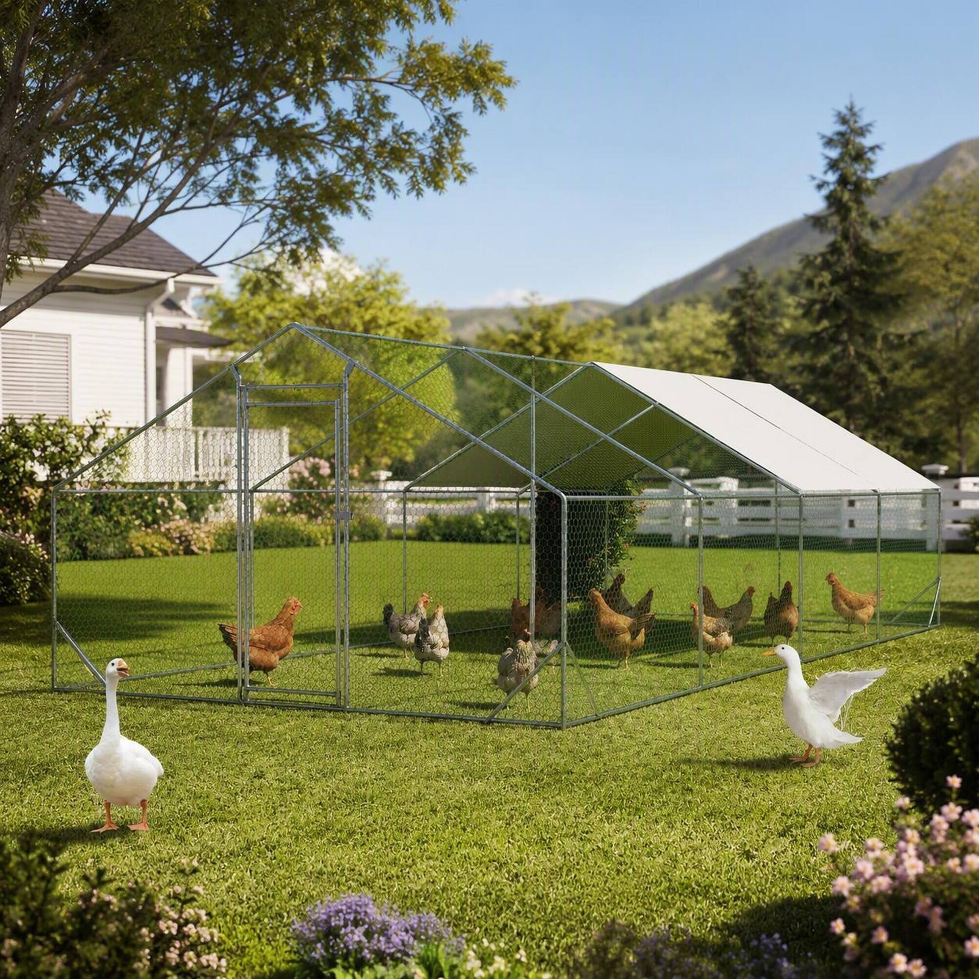 Angle. RYHNUYNE - Large Metal Chicken Coop, Walk-in Chicken Run with Waterproof Cover, Galvanized Wire Poultry Cage for Ducks & Rabbits.