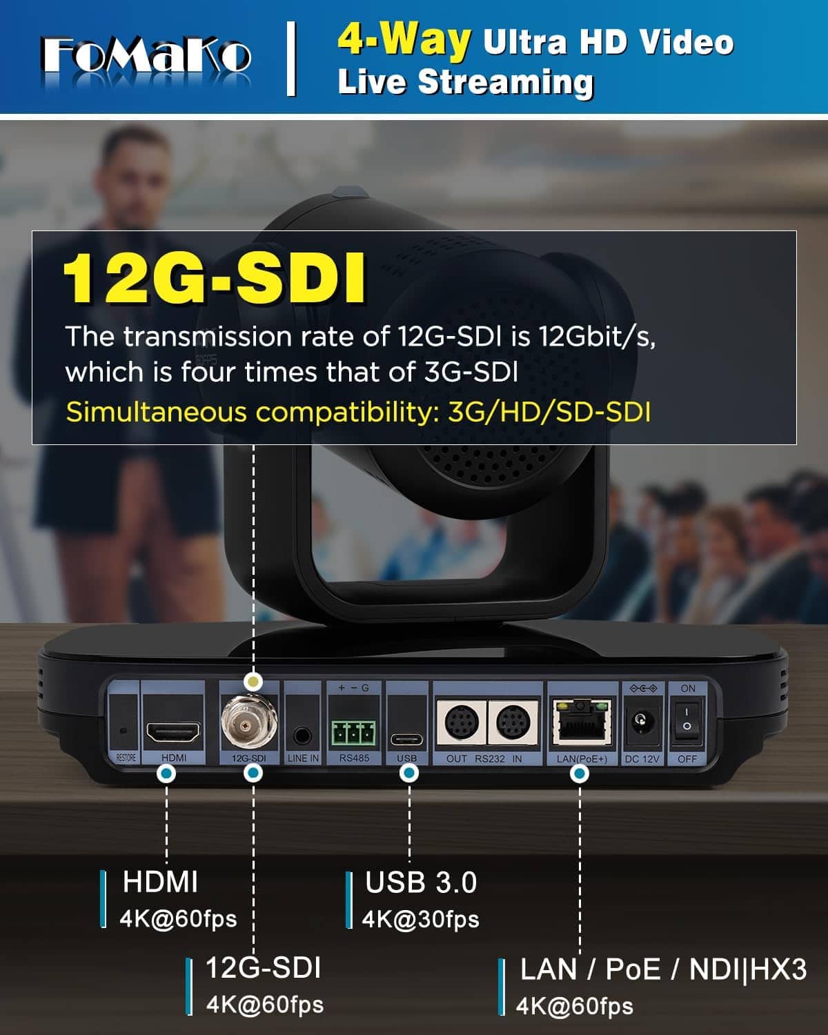 FoMaKo K820S 4K PTZ Camera,60fps,12G‑SDI,20X OpticalZoom,NDI6&HX3
