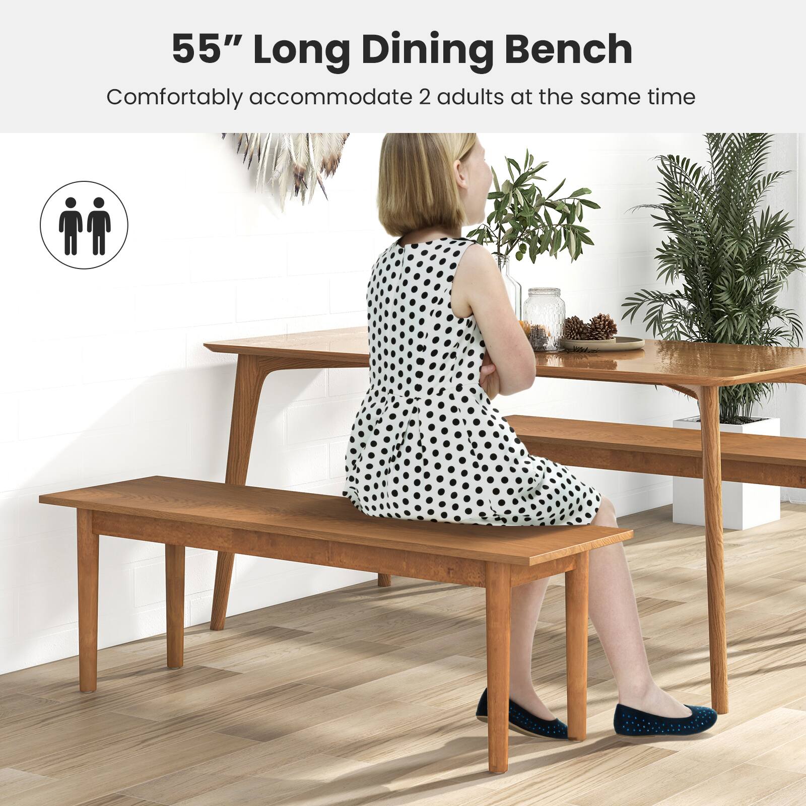 The text on the image reads: "55" Long Dining Bench Comfortably accommodate 2 adults at the same time."