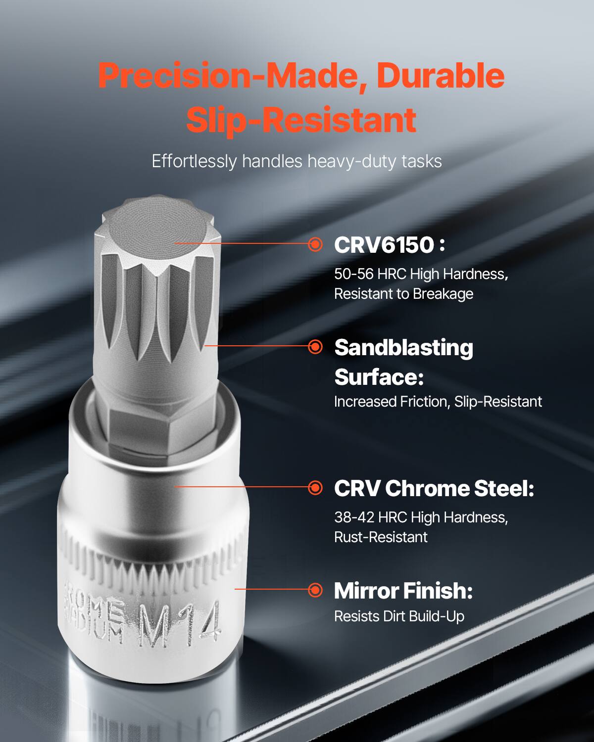 Precision-Made, Durable Slip-Resistant

Effortlessly handles heavy-duty tasks

- CRV6150: 50-56 HRC High Hardness, Resistant to Breakage
- Sandblasting Surface: Increased Friction, Slip-Resistant
- CRV Chrome Steel: 38-42 HRC High Hardness, Rust-Resistant
- Mirror Finish: Resists Dirt Build-Up