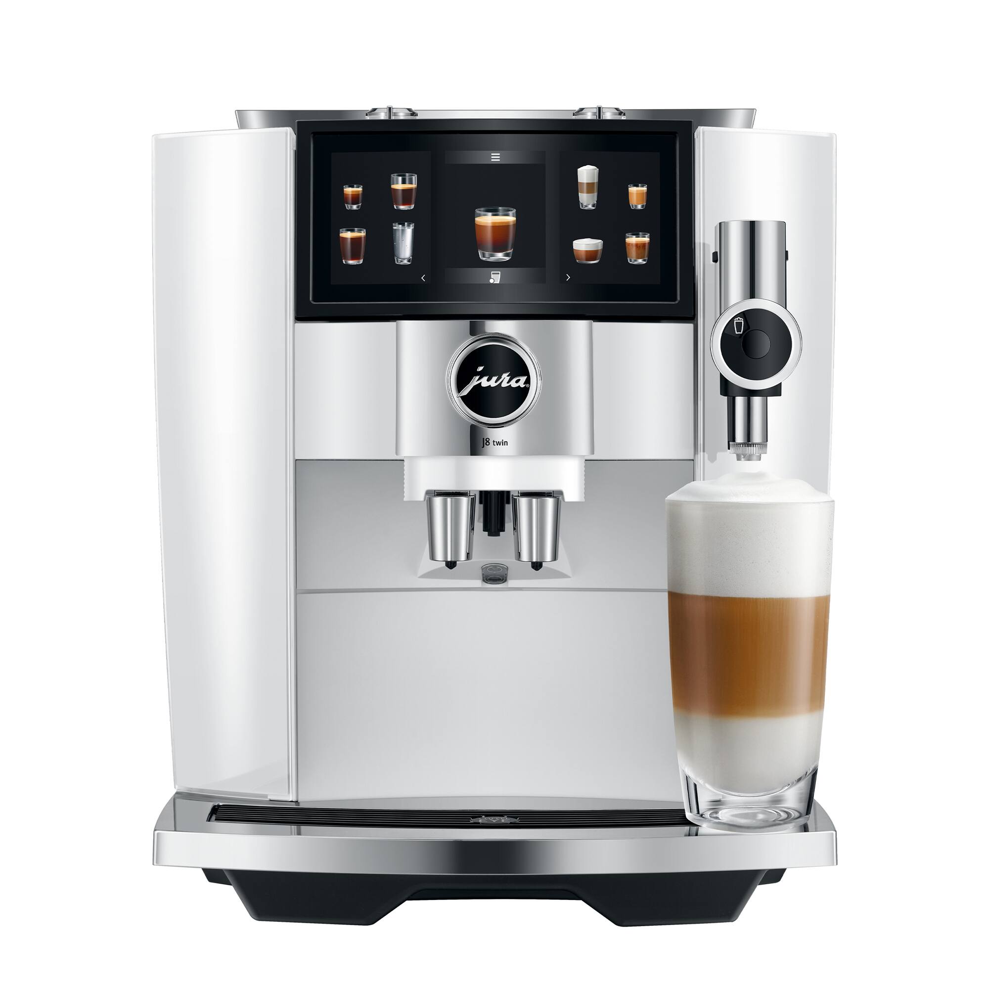The image features a Jura 9 Twin espresso machine, which is a modern and sleek coffee maker. It is designed to make both coffee and milk, as evidenced by the presence of a milk dispenser. The machine has a large screen on the front, which displays various options for coffee and milk, allowing users to customize their beverages. The espresso machine is ready to serve a hot beverage, with a cup of coffee or milk already prepared.