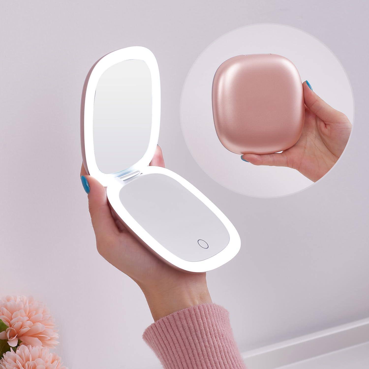 Front. VEGA AUTOMOTIVE - Compact Led Travel Makeup Mirror es 1x 10x Magnification With Light Dimmable Double Sides Lighted Usb Recha - Rose Gold.