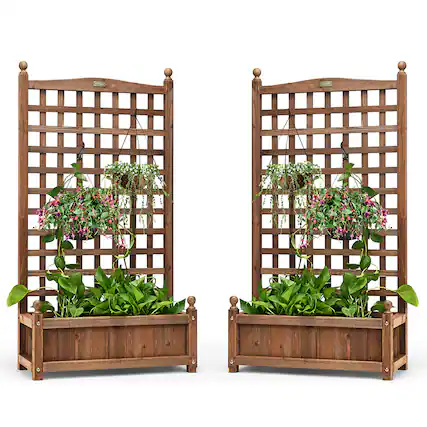 Front. Costway - 2 PCS Solid Wood Planter Box with Trellis Weather-Resistant 25"x11"x48" - Dark brown.