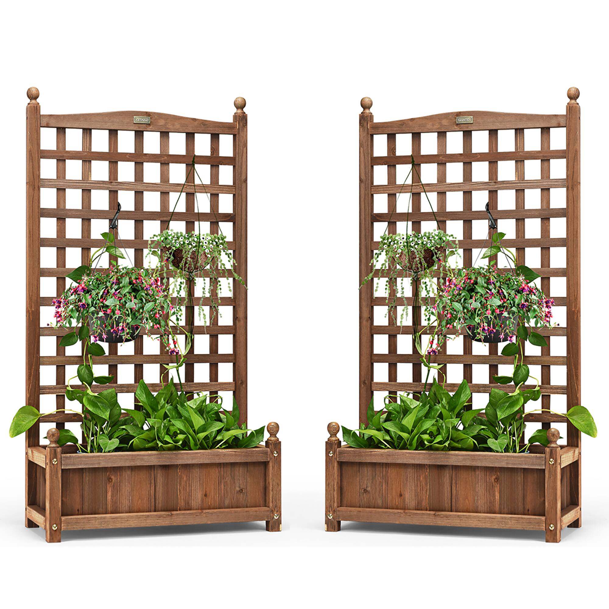 Costway - 2 PCS Solid Wood Planter Box with Trellis Weather-Resistant 25"x11"x48" - Dark brown