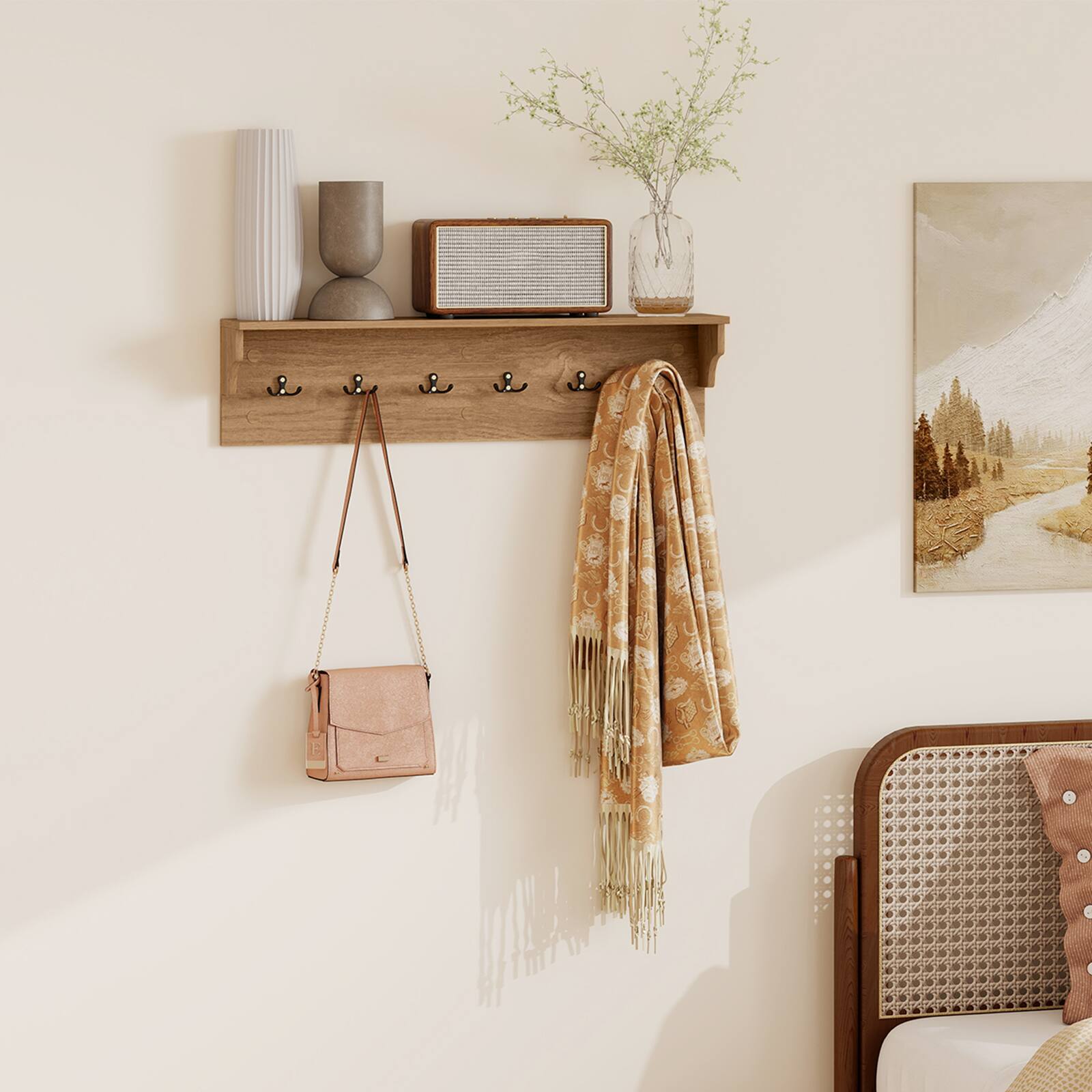 Alt View 3. Gymax - Gymax 31.5'' Wall Hooks w/Shelf 6 Hooks for Hats Towels Purses Robes for Living Room Natural - Yellow.