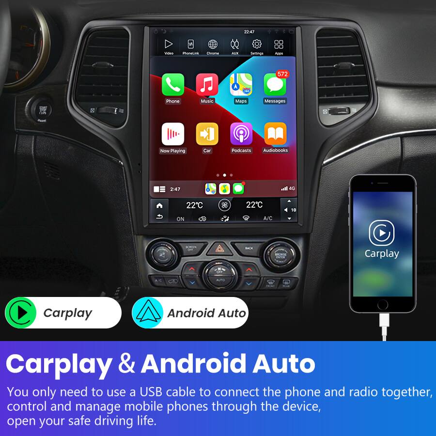 22:47 Video PhoneLink Chrome AUX Settings Appe 572 A Phone Music Maps Messages TP - Now Playing Car Podcasts Audiobooks 2:47 1 40 22°C ON 28 22°C A/C 10 .I BACK Carplay Carplay Android Auto Carplay & Android Auto

You only need to use a USB cable to connect the phone and radio together, control and manage mobile phones through the device, open your safe driving life.