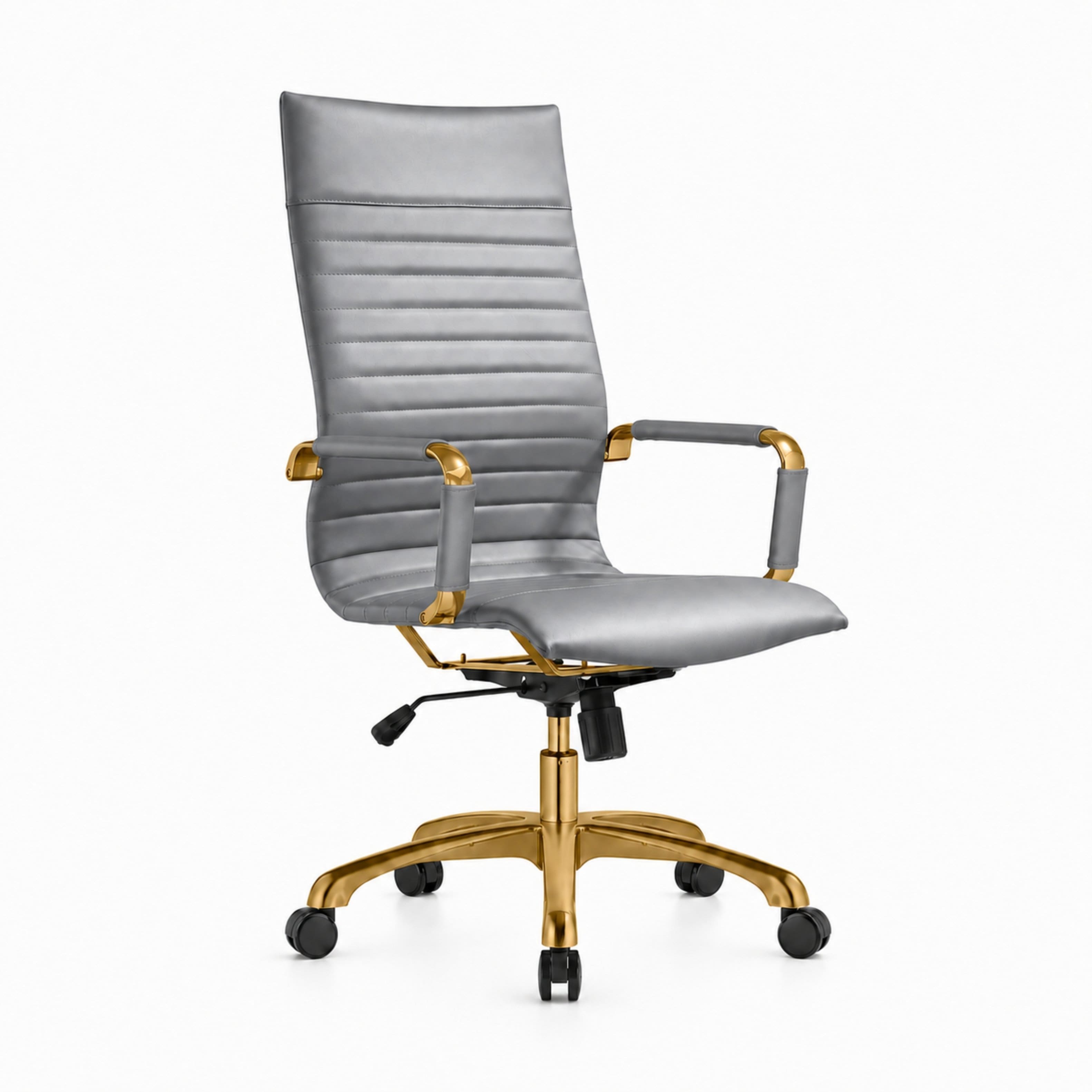 LeisureMod - Set of 8 Harris Modern Ergonomic High Back Leather Office Chairs, Gold Steel Frame, Tilt & Swivel Design Desk Chairs - Gray