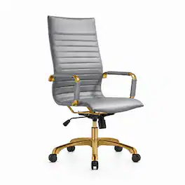 LeisureMod - Set of 8 Harris Modern Ergonomic High Back Leather Office Chairs, Gold Steel Frame, Tilt & Swivel Design Desk Chairs - Gray