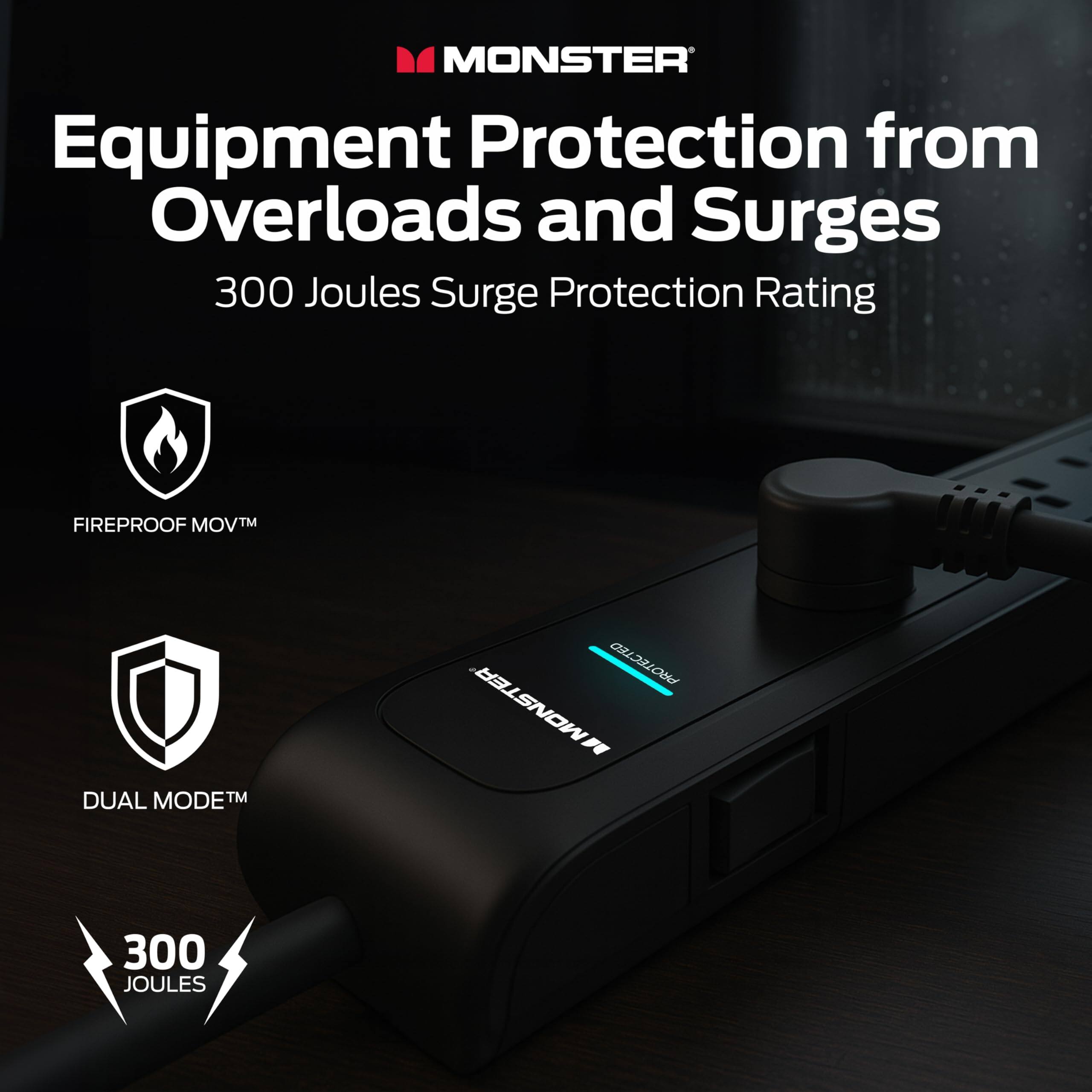 MONSTER  
Equipment Protection from Overloads and Surges  
300 Joules Surge Protection Rating  

FIREPROOF MOV™  
DUAL MODE™  
300 JOULES