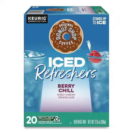 KEURIG GENUINE K-CUP PODS
THE ORIGINAL DONUT SHOP COFFEE
ICED Refreshers
BERRY CHILL
NATURALLY FLAVORED WITH OTHER NATURAL FLAVORS
STANDS UP TO ICE
20 K-CUP PODS
RECYCLABLE
PEEL, EMPTY, RECYCLE
CHECK LOCALLY - NOT RECYCLED IN MANY COMMUNITIES
BEVERAGE MIX
NET WT 12.6 OZ (360g)