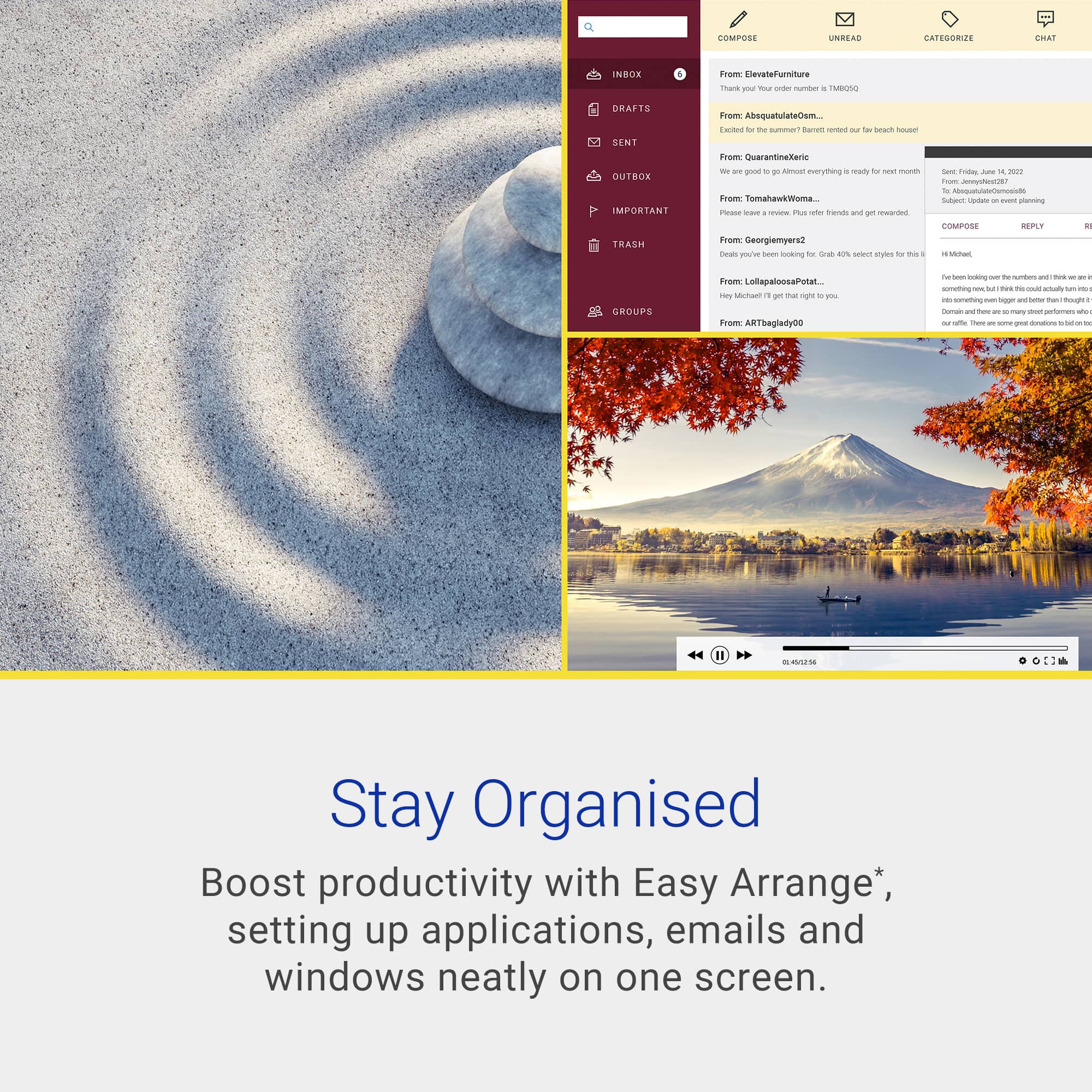 Stay Organised: Boost productivity with Easy Arrange, setting up applications, emails and windows neatly on one screen.