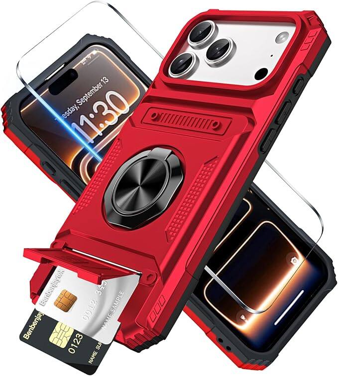 Gravity Ridge - for iPhone 17 Pro Wallet Case with Card Holder 360°Ring Kickstand Military Grade Drop Shockproof Rugged Case - Red