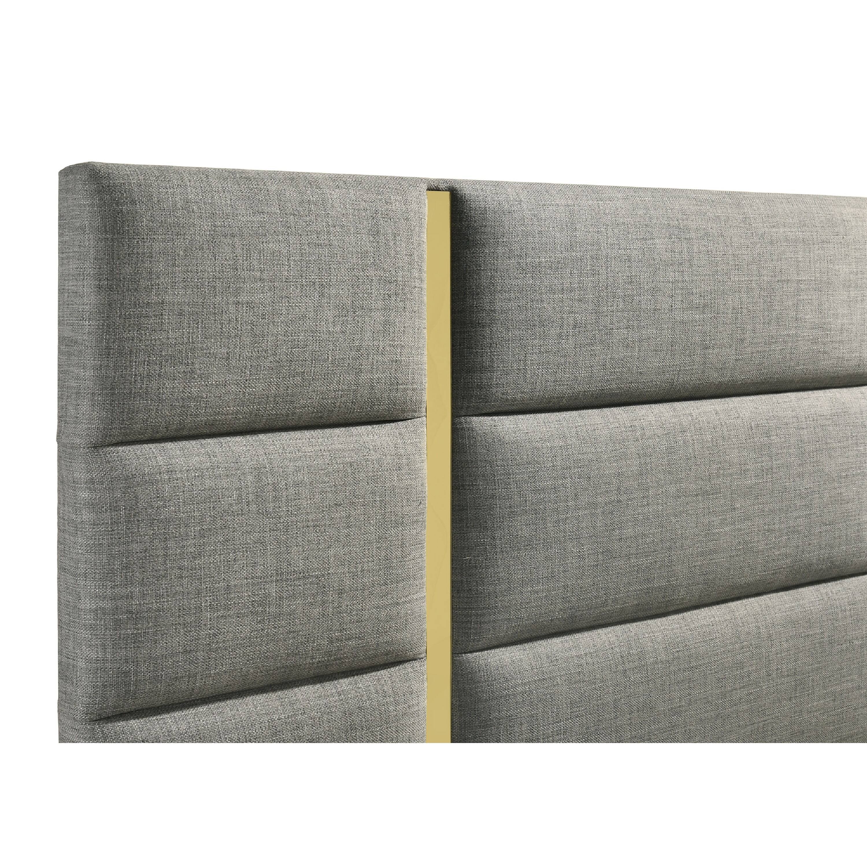 Alt View 4. Manhattan Lane - Orion Queen Panel Bed with Gold Trim, Wood Frame, Gray Chaneled Fabric - Gray, Gold.
