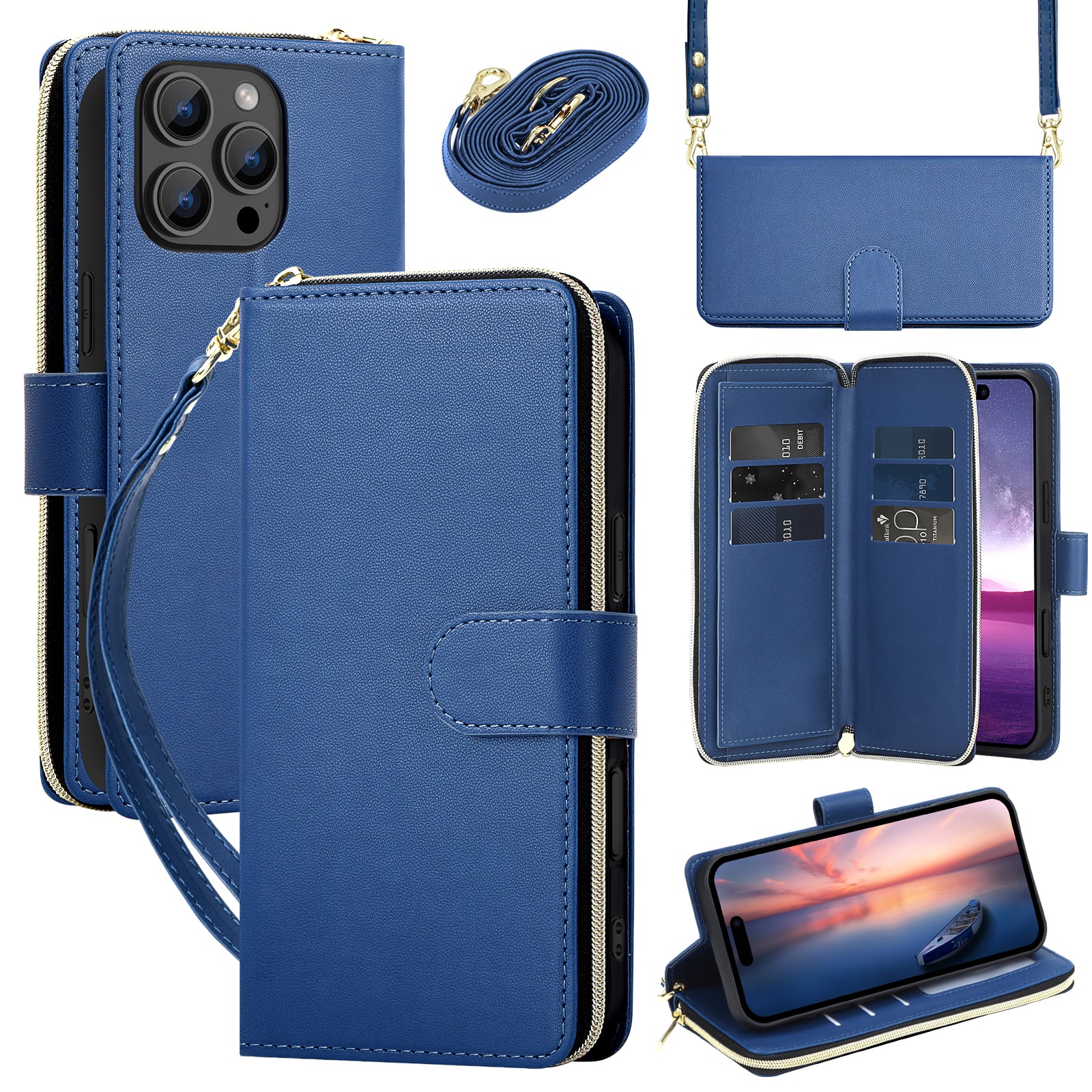Dteck - Crossbody Wallet Case for Apple iPhone 16 Pro Max, Shockproof Zipper Pocket PU Leather Folio Cover with 9 Card Slots - Blue