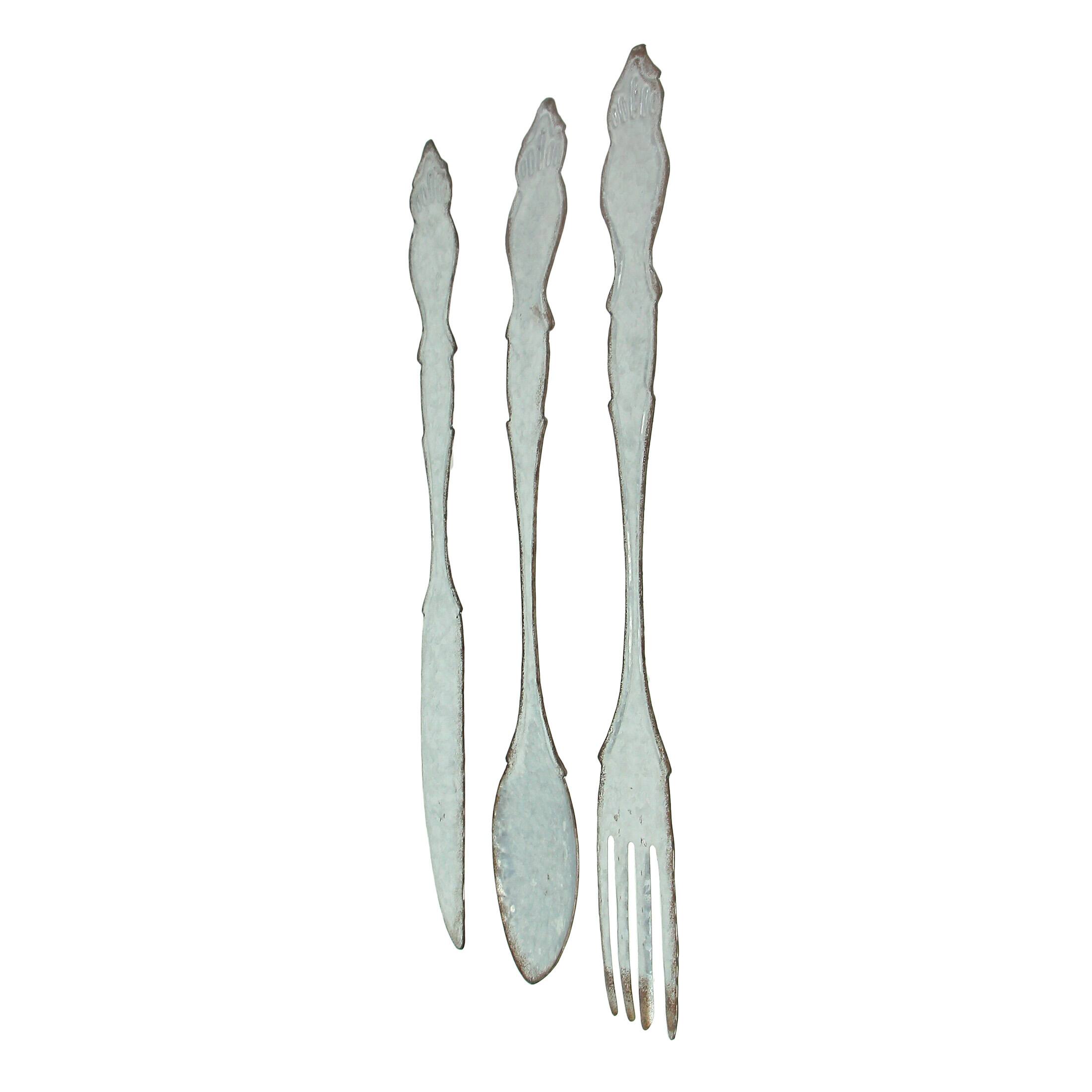 Alt View 1. Zeckos - Giant Galvanized Metal Fork Spoon Knife Farmhouse Kitchen Decor Wall Hanging Set - Gray.