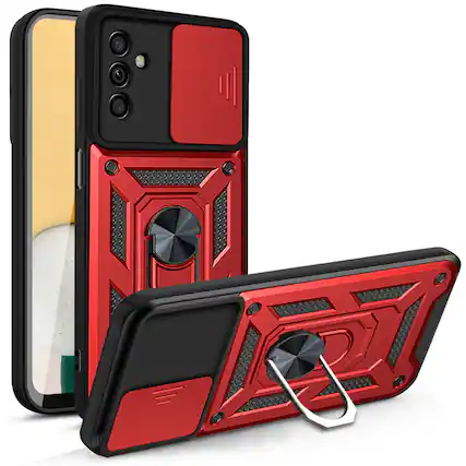 Front. Reiko - Kickstand Ring Holder With Slide Camera Cover Tpu Magnetic Car Mount For Galaxy A13 5G/A04S In Red - Red.