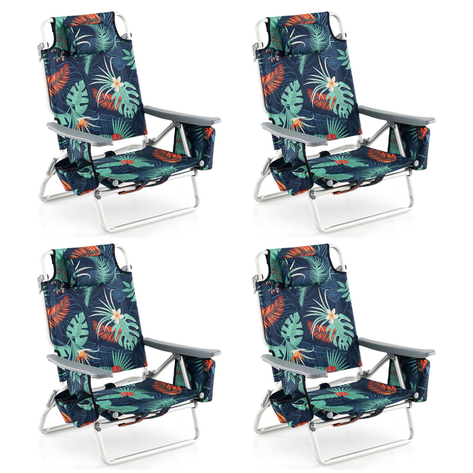 Gymax - 4 PCS Beach Chair 5-Position Outdoor Reclining Chairs w/ Head Pillow & Storage Bag - Navy