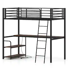 Costway - Twin Loft Bed with Desk & Shelves, Heavy Duty Bed Frame with Charging Station - Rustic Brown & Black