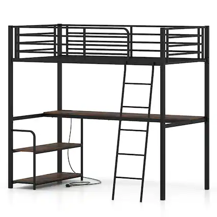 Front. Costway - Costway Twin Loft Bed with Desk & Shelves, Heavy Duty Bed Frame with Charging Station - Rustic Brown & Black.