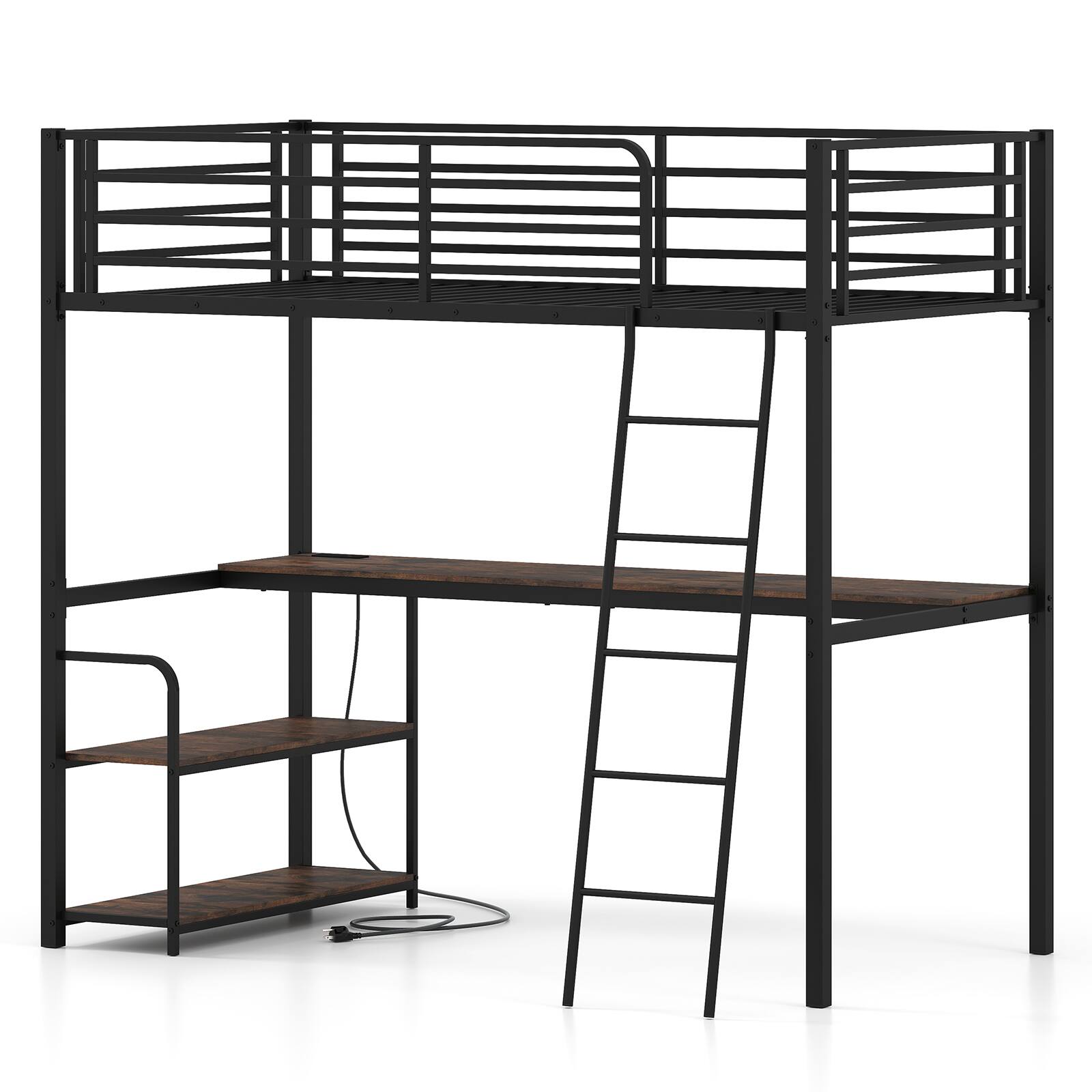 Front. Costway - Costway Twin Loft Bed with Desk & Shelves, Heavy Duty Bed Frame with Charging Station - Rustic Brown & Black.