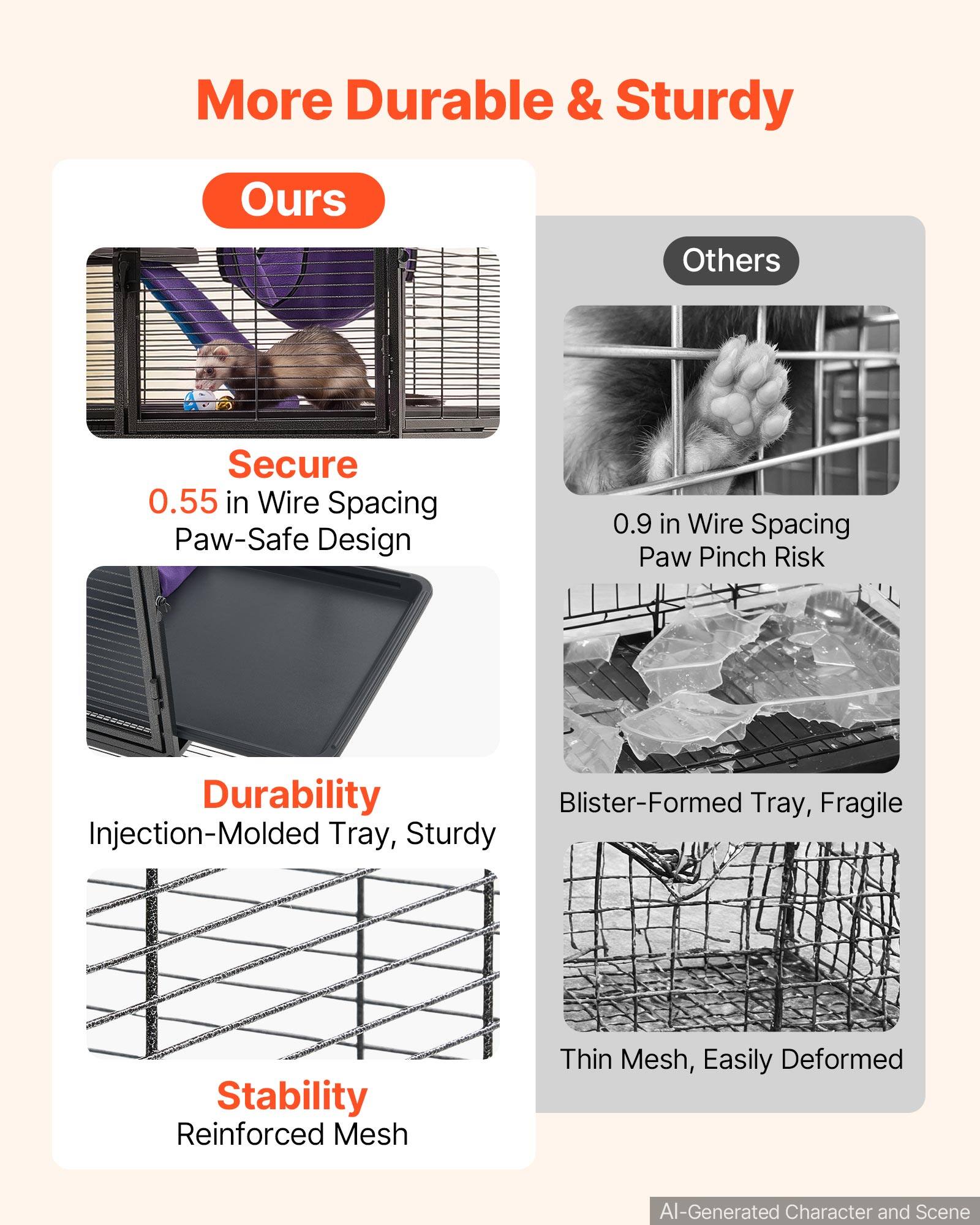 More Durable & Sturdy

Ours

Secure  
0.55 in Wire Spacing  
Paw-Safe Design

Durability  
Injection-Molded Tray, Sturdy

Stability  
Reinforced Mesh

Others

0.9 in Wire Spacing  
Paw Pinch Risk

Blister-Formed Tray, Fragile

Thin Mesh, Easily Deformed

AI-Generated Character and Scene