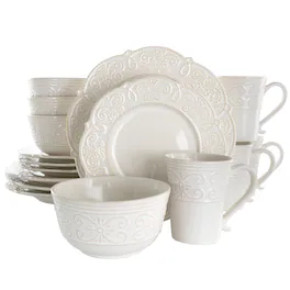 Elama - Luna 16 Piece Embossed Scalloped Stoneware Dinnerware Set - White