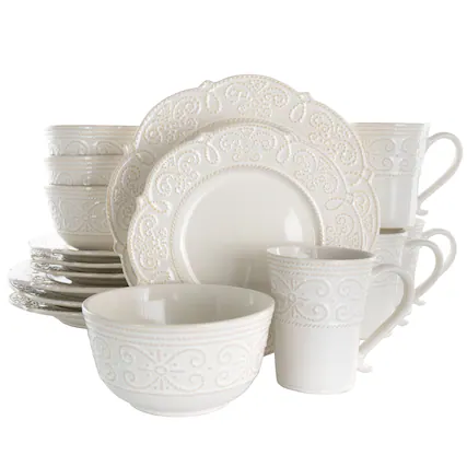 Front. Elama - Elama Luna 16 Piece Embossed Scalloped Stoneware Dinnerware Set in White - White.