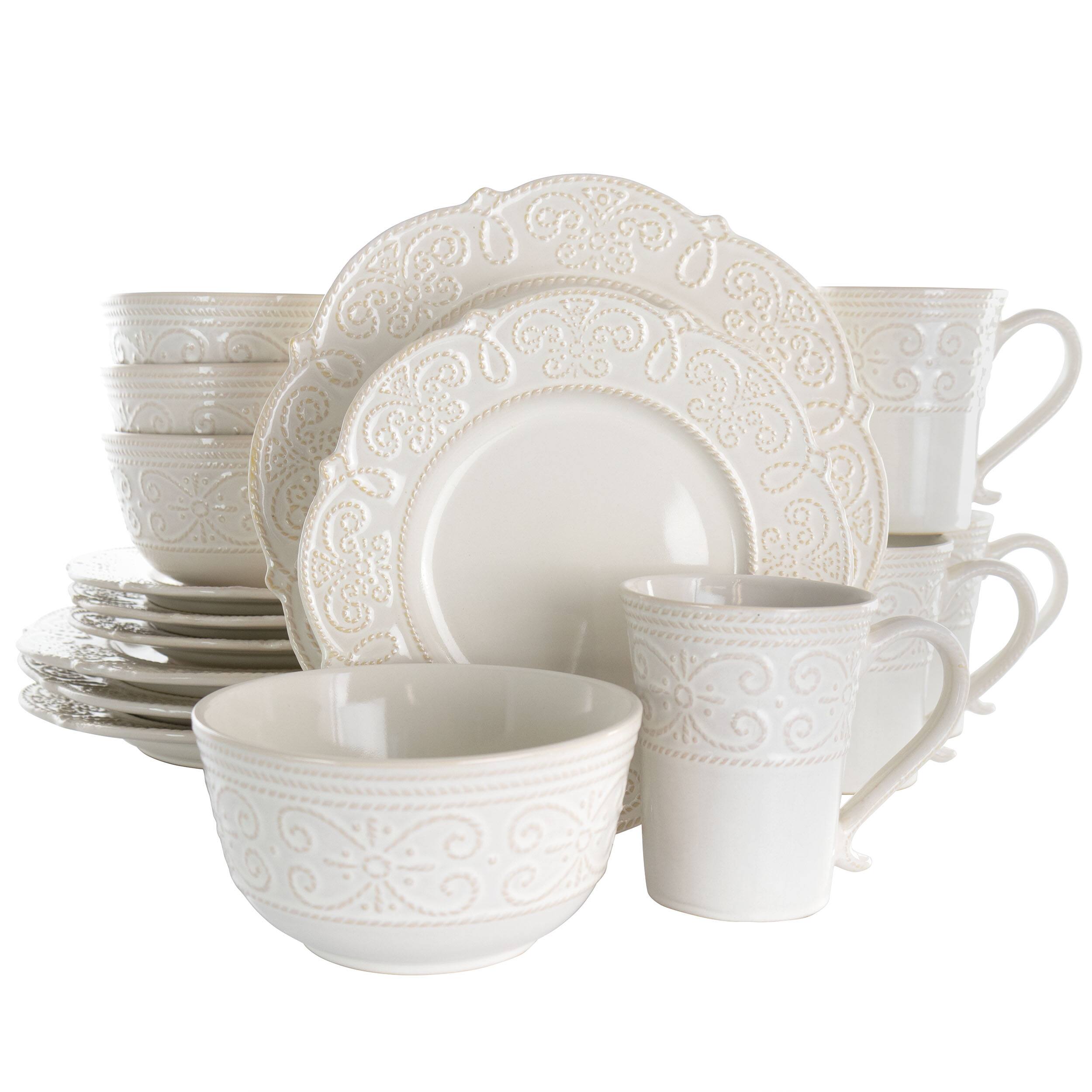 Elama - Luna 16 Piece Embossed Scalloped Stoneware Dinnerware Set - White